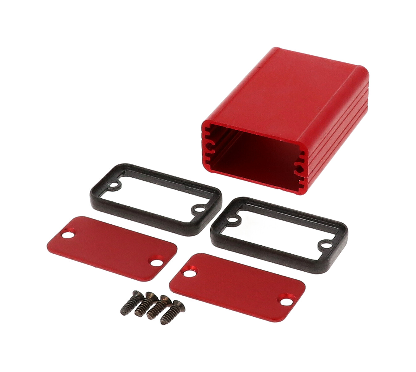 1455D601RD red anodized extruded aluminum enclosure, 60 x 45 x 25 mm, with aluminum end panels and black open bezels