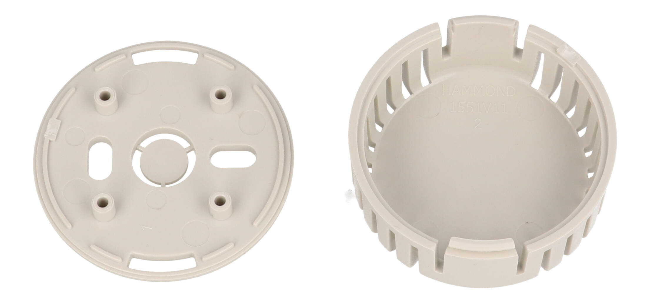 1551V11GY light gray vented round ABS snap-fit sensor enclosure with wall-mount base