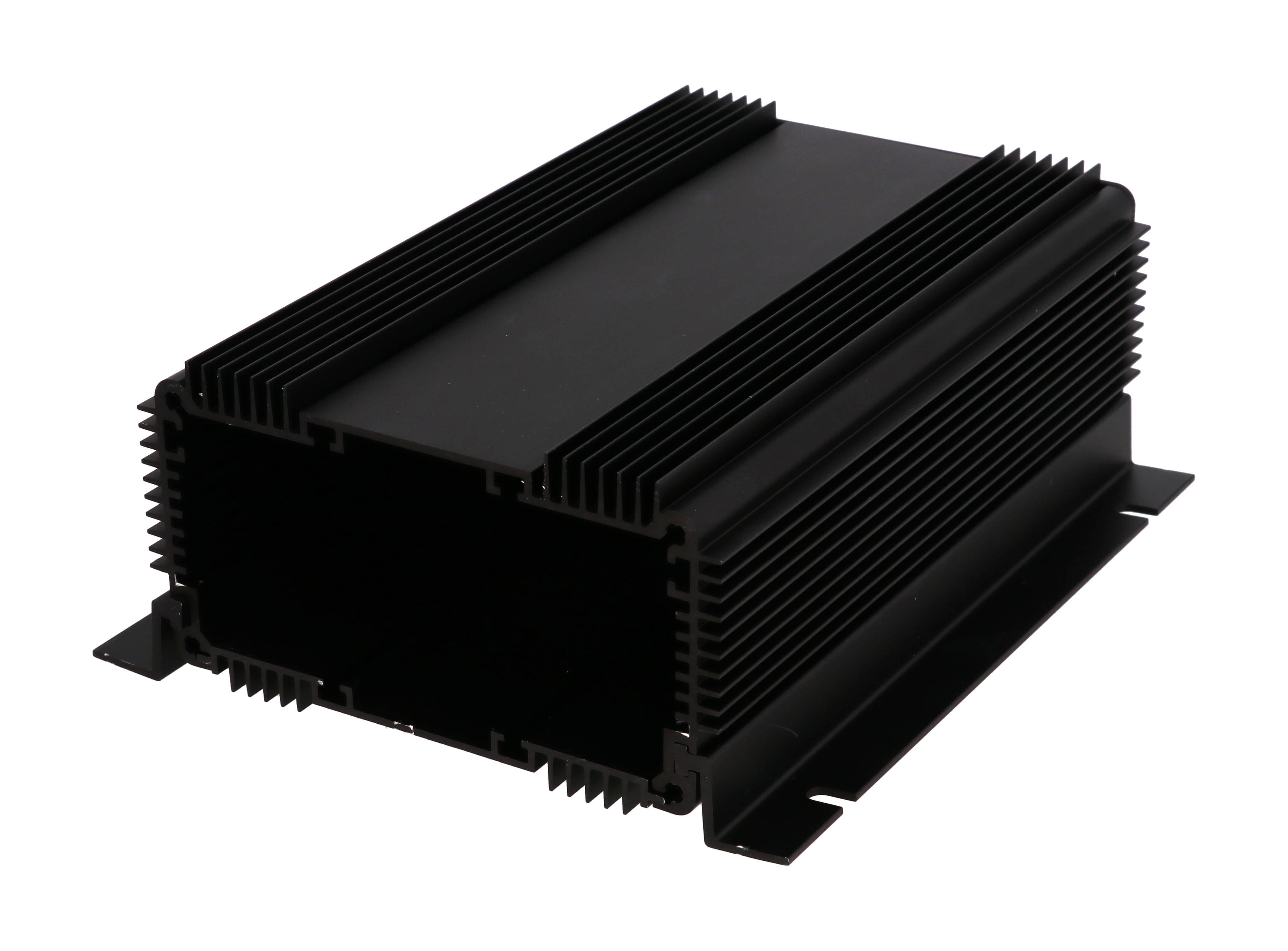 1455NHD1601BK black anodized finned heat dissipating extruded aluminum enclosure, 160 x 111 x 61 mm, with mounting flanges