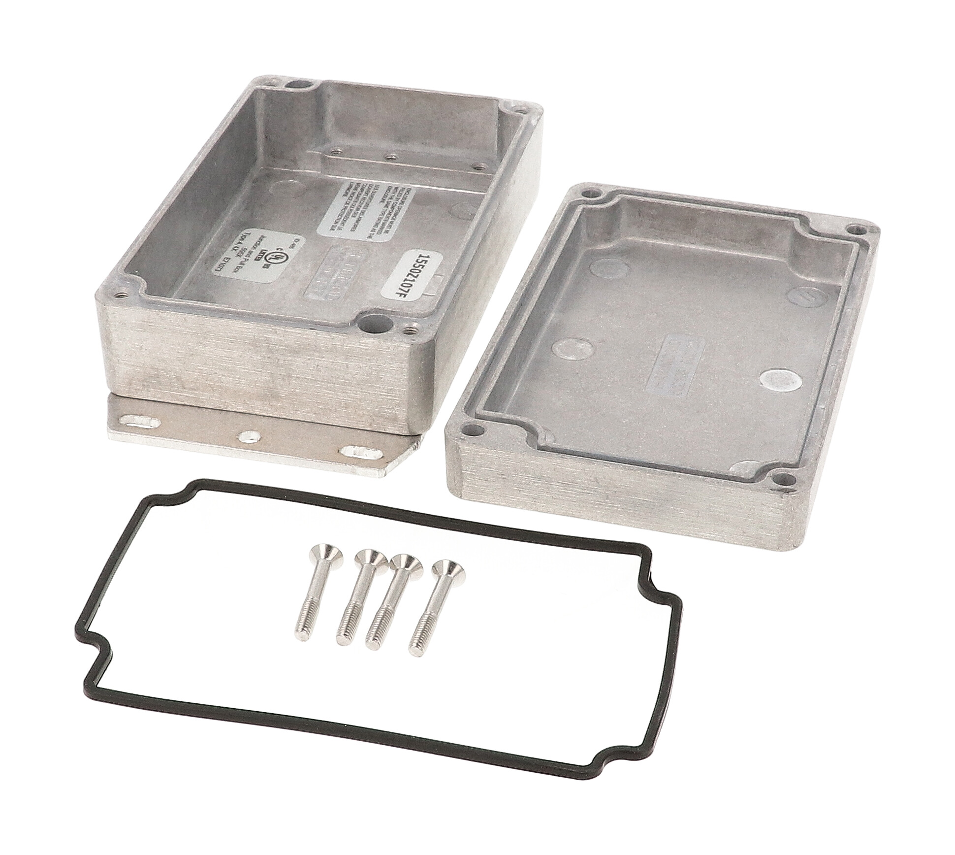 1550Z107F unpainted natural aluminum watertight diecast enclosure with flanged base and screw-down lid, 152x81x43 mm