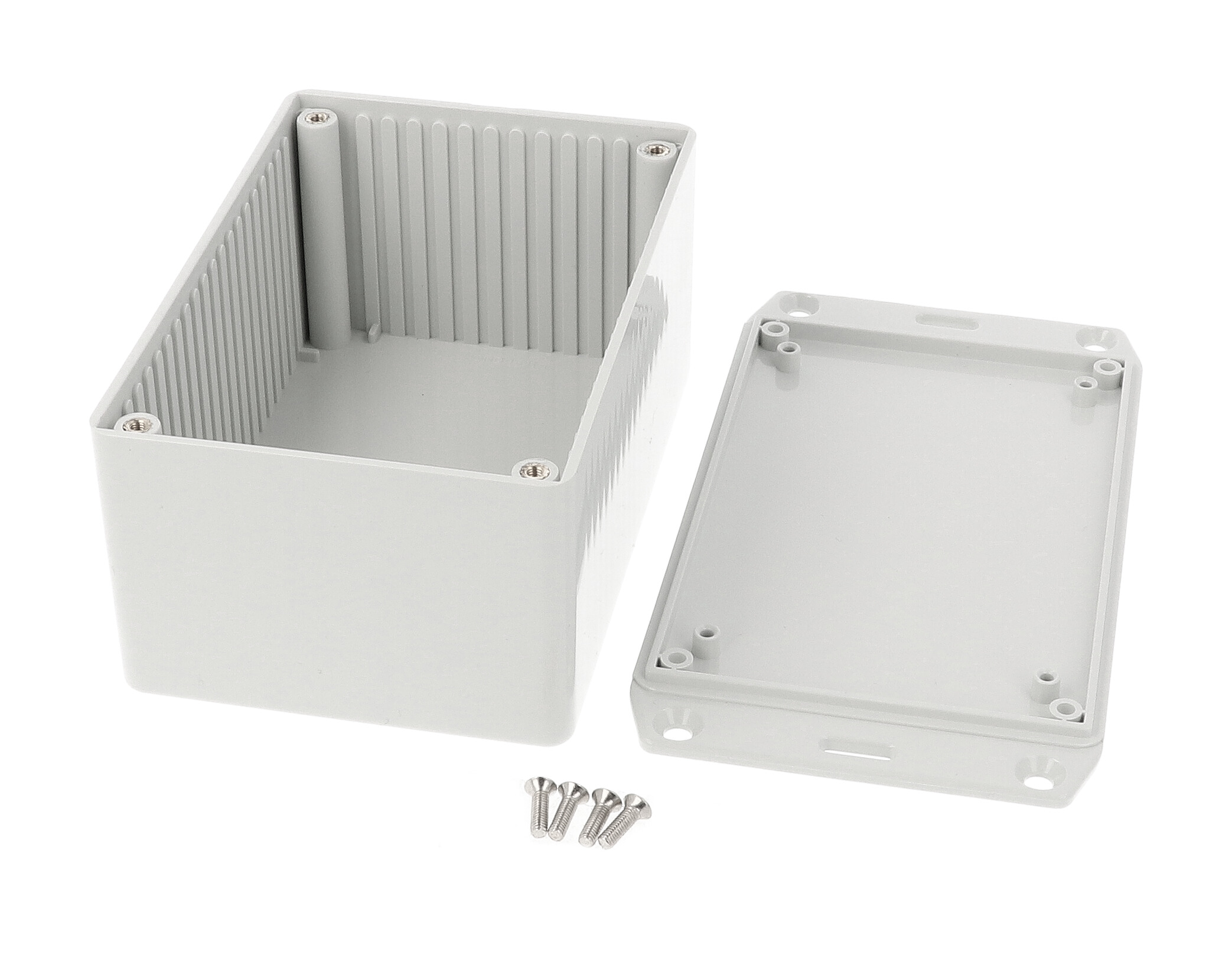 1591TFLGY light gray flame retardant ABS enclosure with wall mounting flanged lid