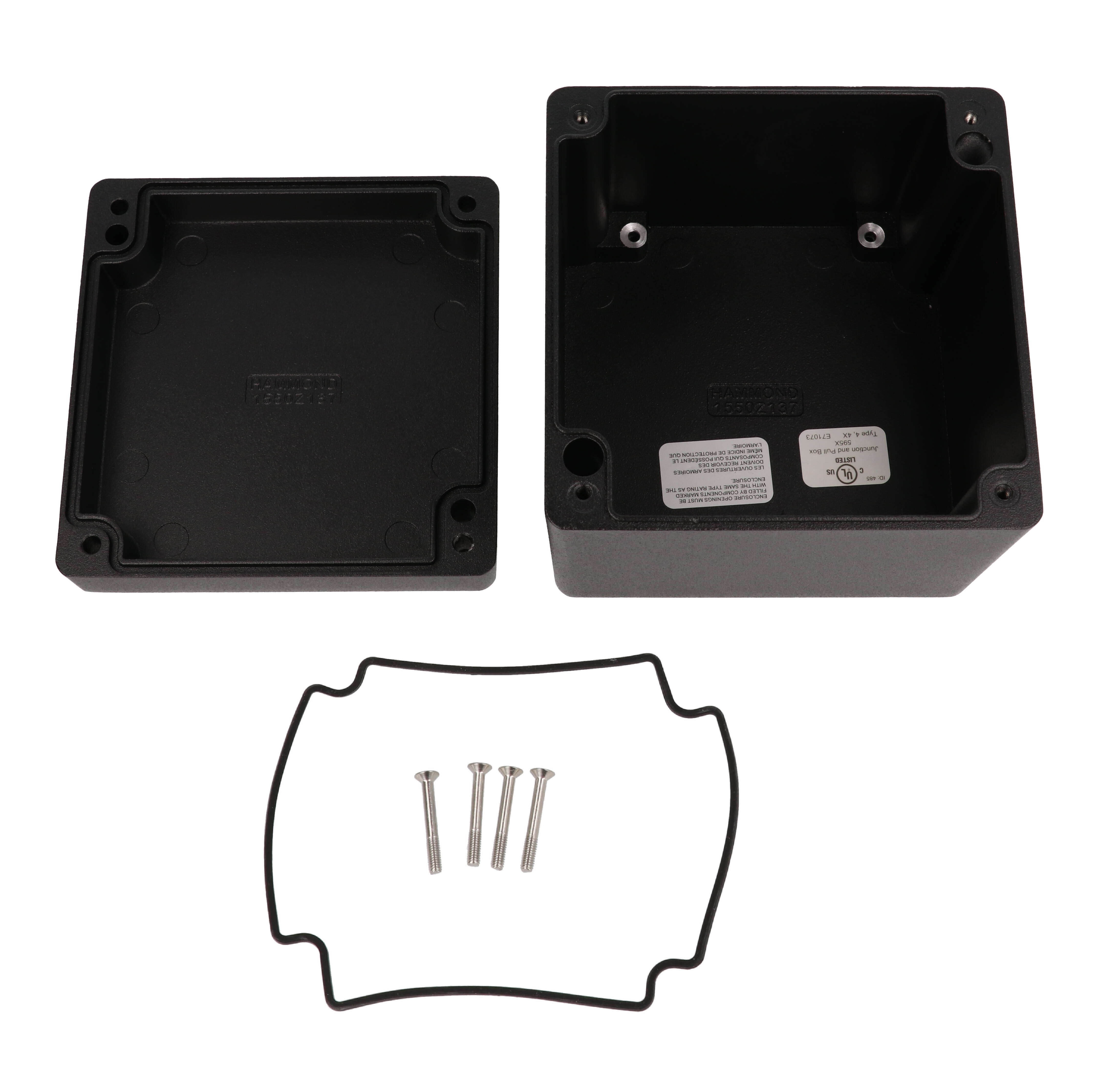 1550Z137BK black textured square deep watertight diecast aluminum enclosure, 121 x 121 x 102 mm