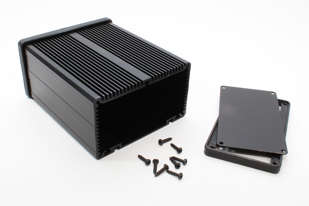 431611 black anodized extruded aluminum Sink Box enclosure with heat sink fins, 125 x 105 x 60 mm