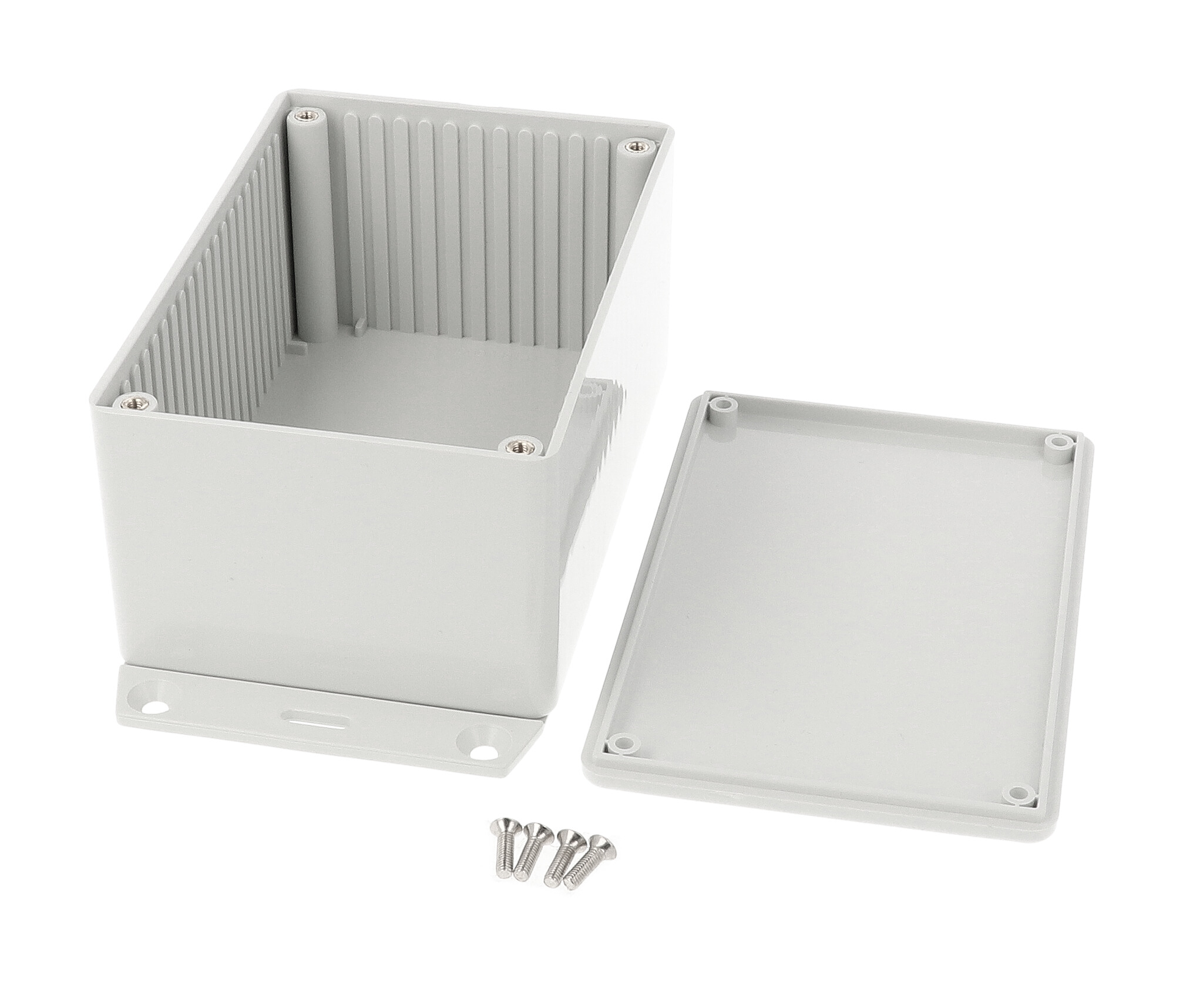 1591TF2GY light gray ABS plastic enclosure with bottom mounting flange, 120 x 80 x 59 mm