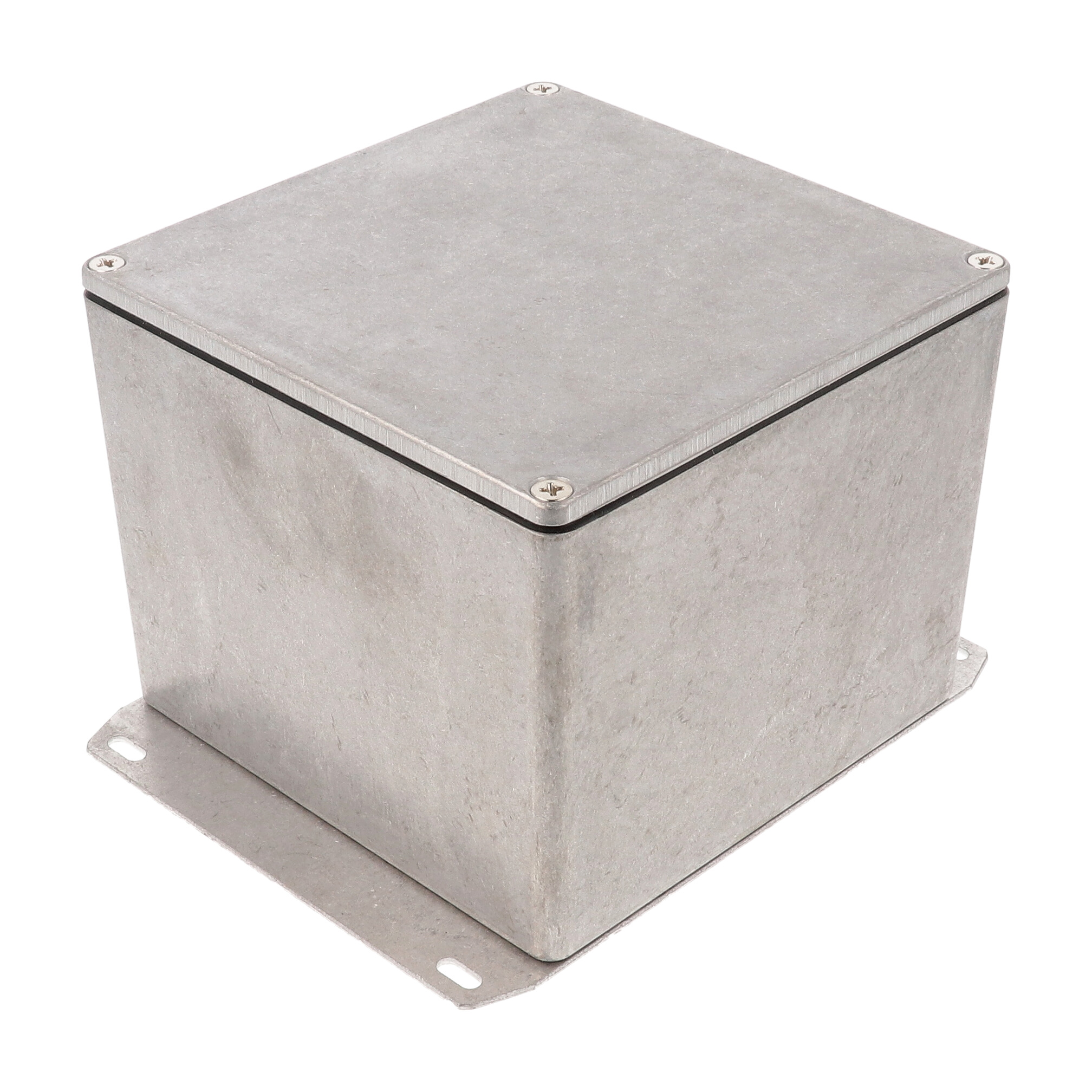 1590WVF natural aluminum watertight diecast aluminum enclosure with flanged bottom plate, 119 mm x 120 mm x 94 mm
