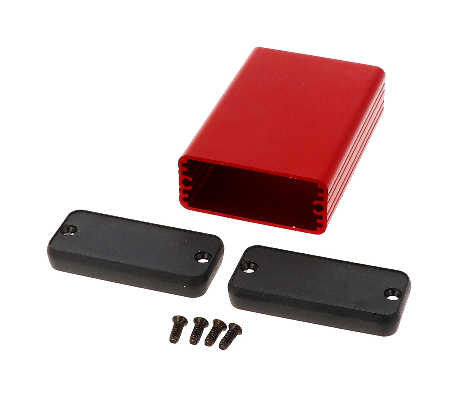1455C802RD red anodized extruded aluminum PC board enclosure, 80 x 54 x 23 mm, with plastic end panels
