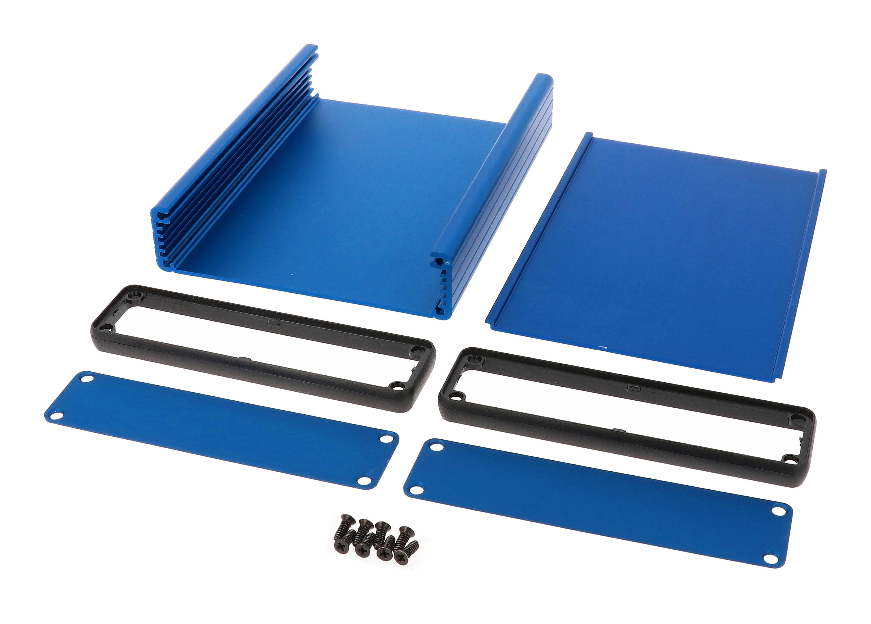 1455P1601BU blue anodized extruded aluminum PC board enclosure, 160 x 125 x 30.5 mm, with aluminum end panels and open bezels