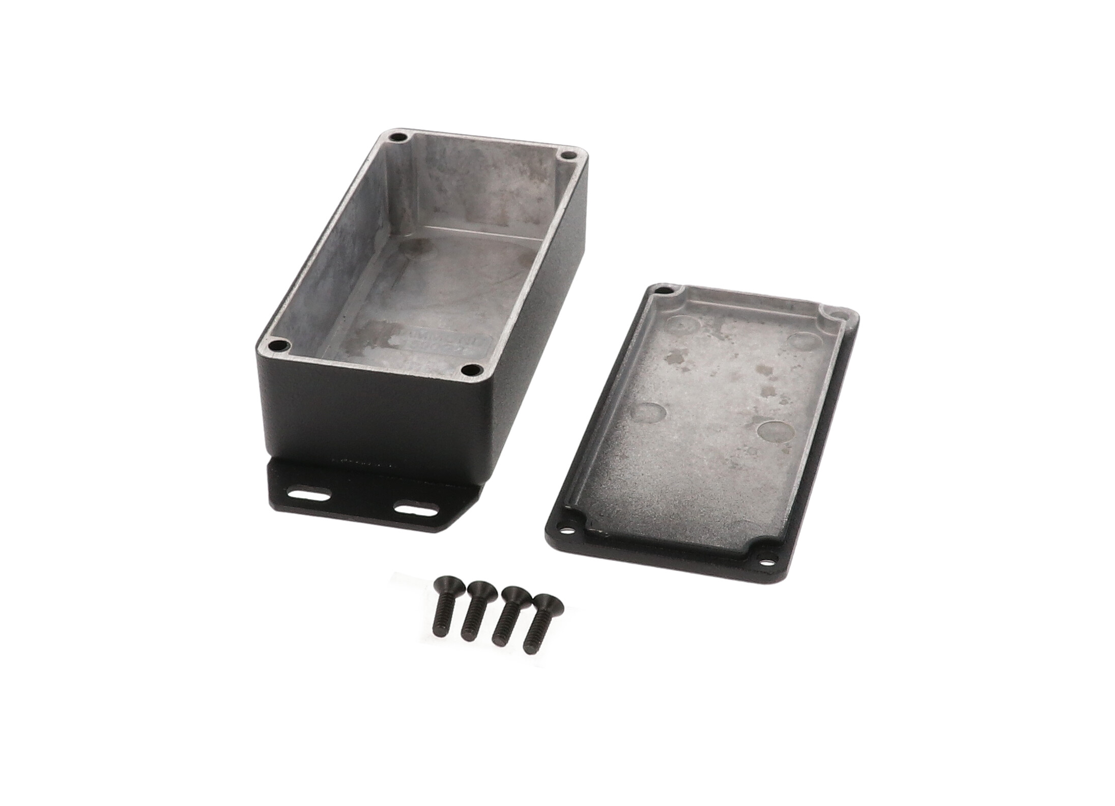 1590G2FBK textured black diecast aluminum enclosure with welded bottom flange, 100 x 50 x 31 mm