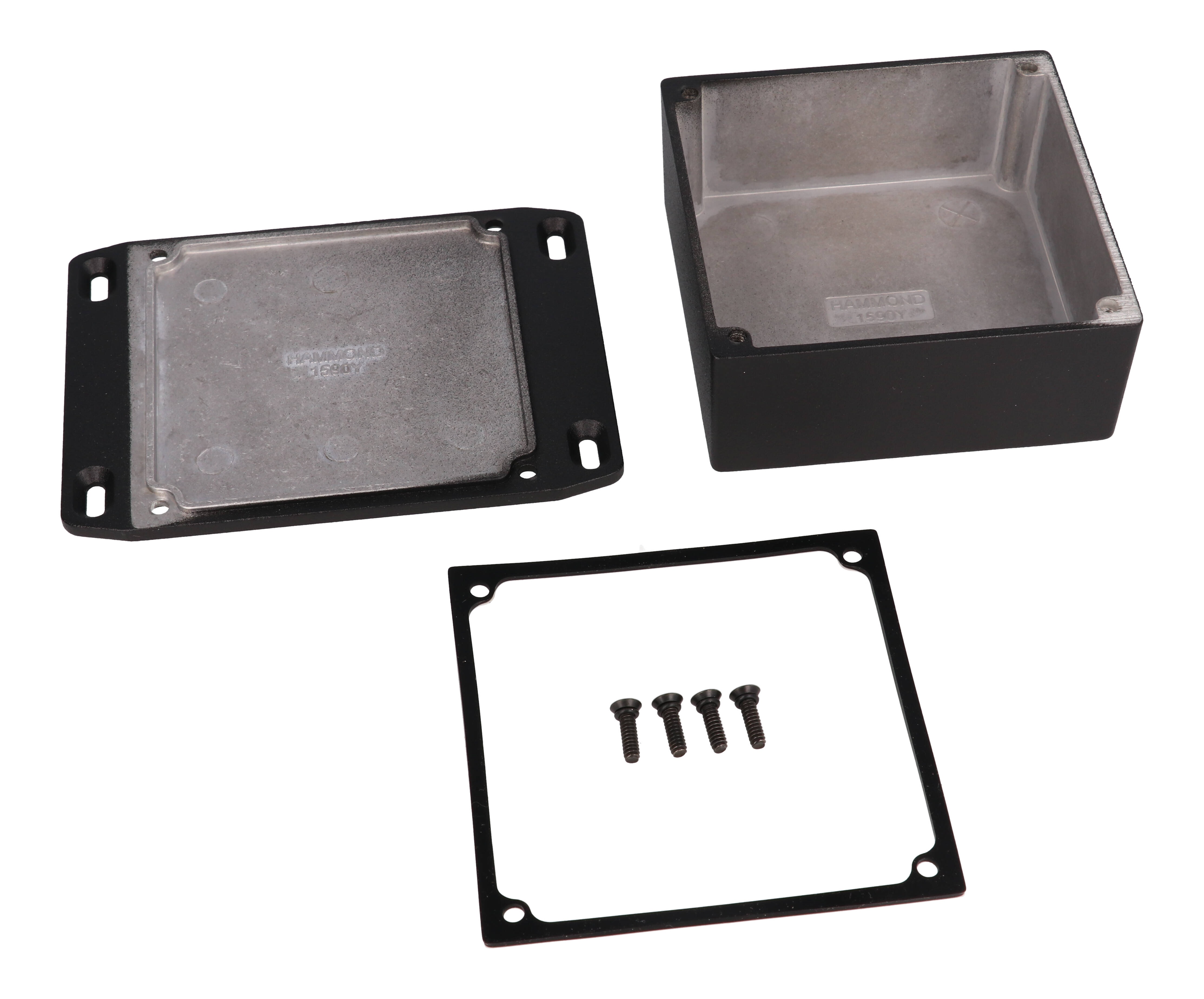 1590WYFLBK black textured watertight diecast enclosure with flanged lid for wall mounting