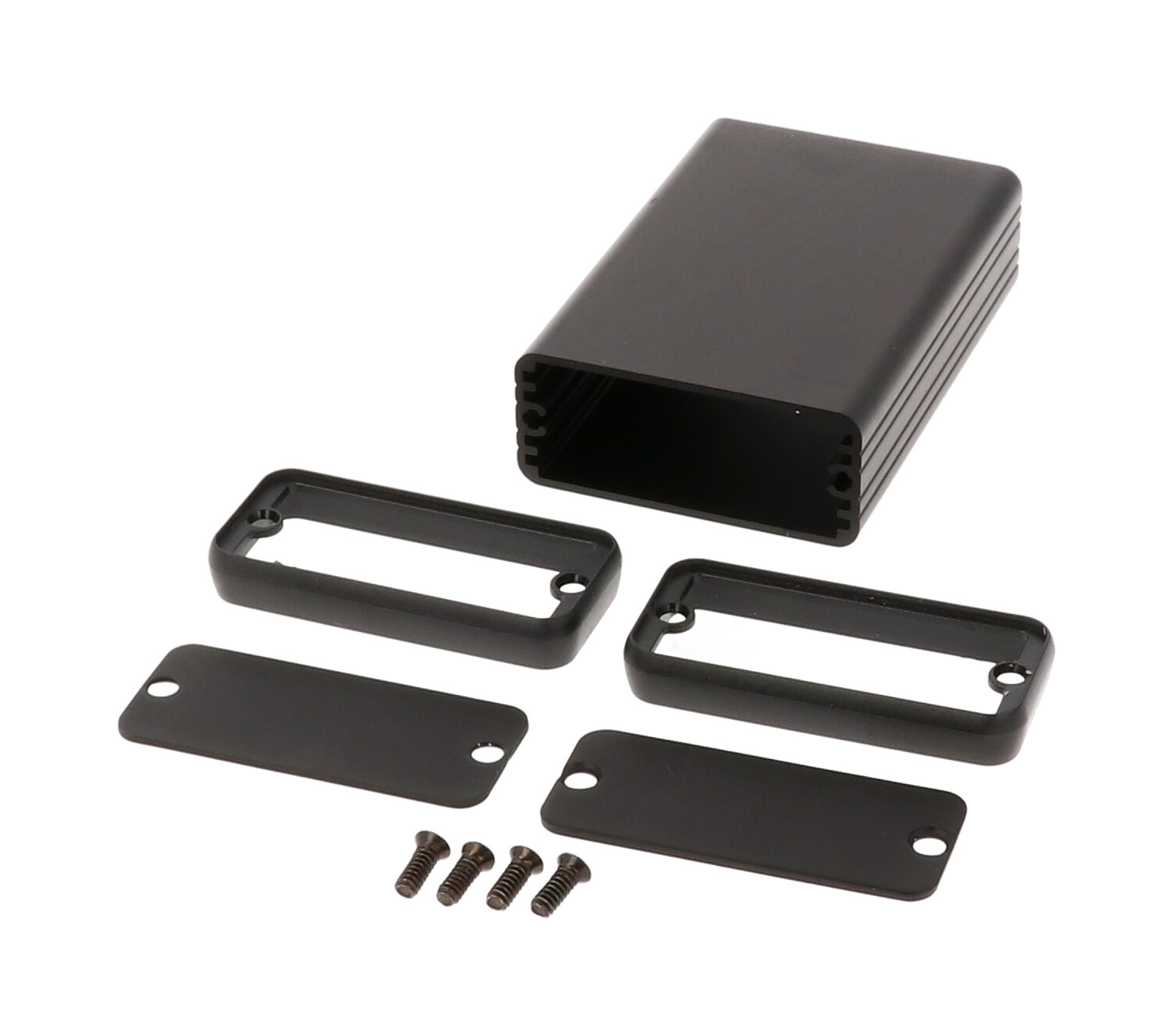 1455C801BK black anodized extruded aluminum PC board enclosure, 80 x 54 x 23 mm, with metal end panels