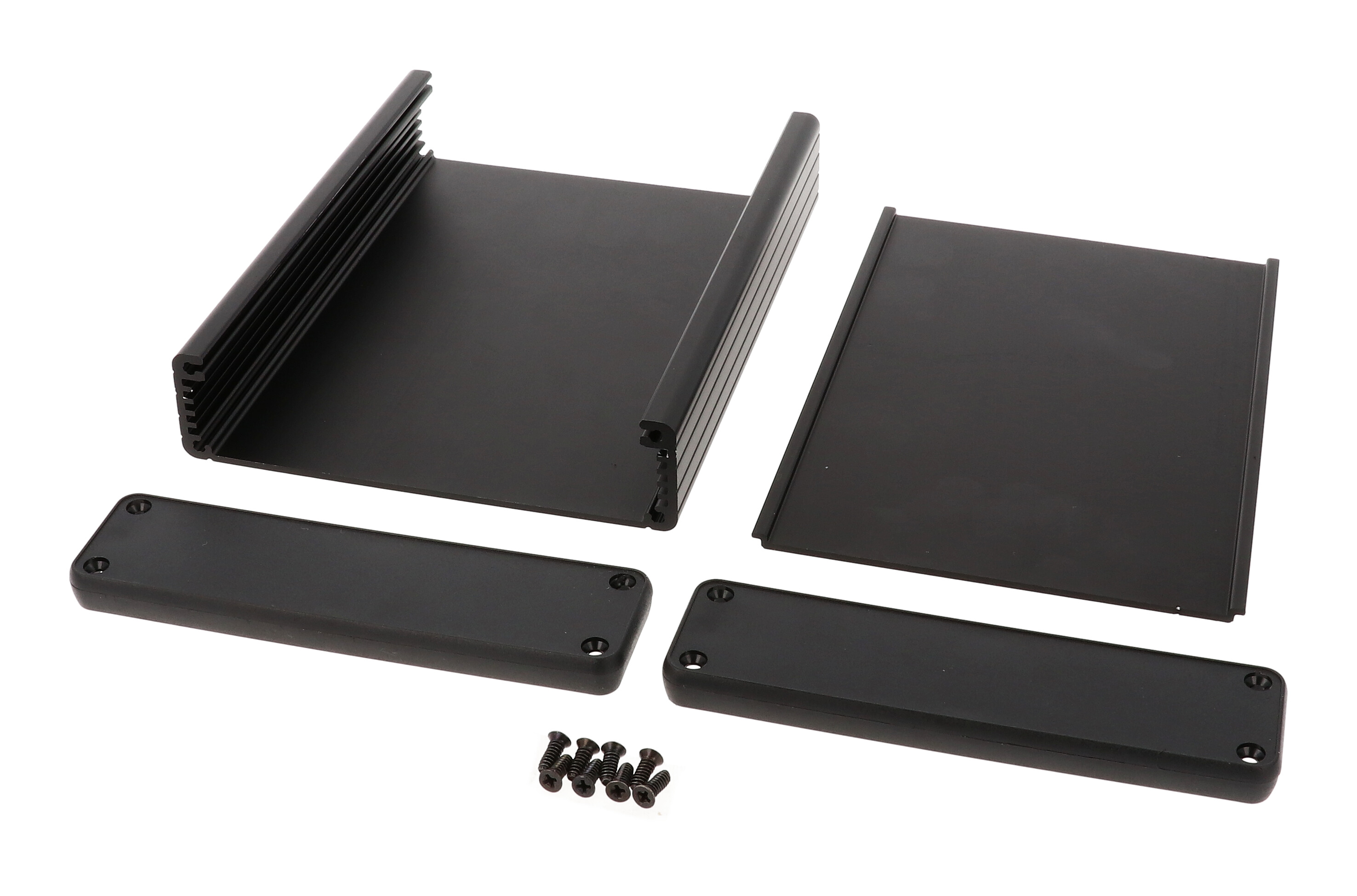1455P1602BK black anodized extruded aluminum PC board enclosure, 160 x 125 x 30.5 mm, with closed black plastic end panels