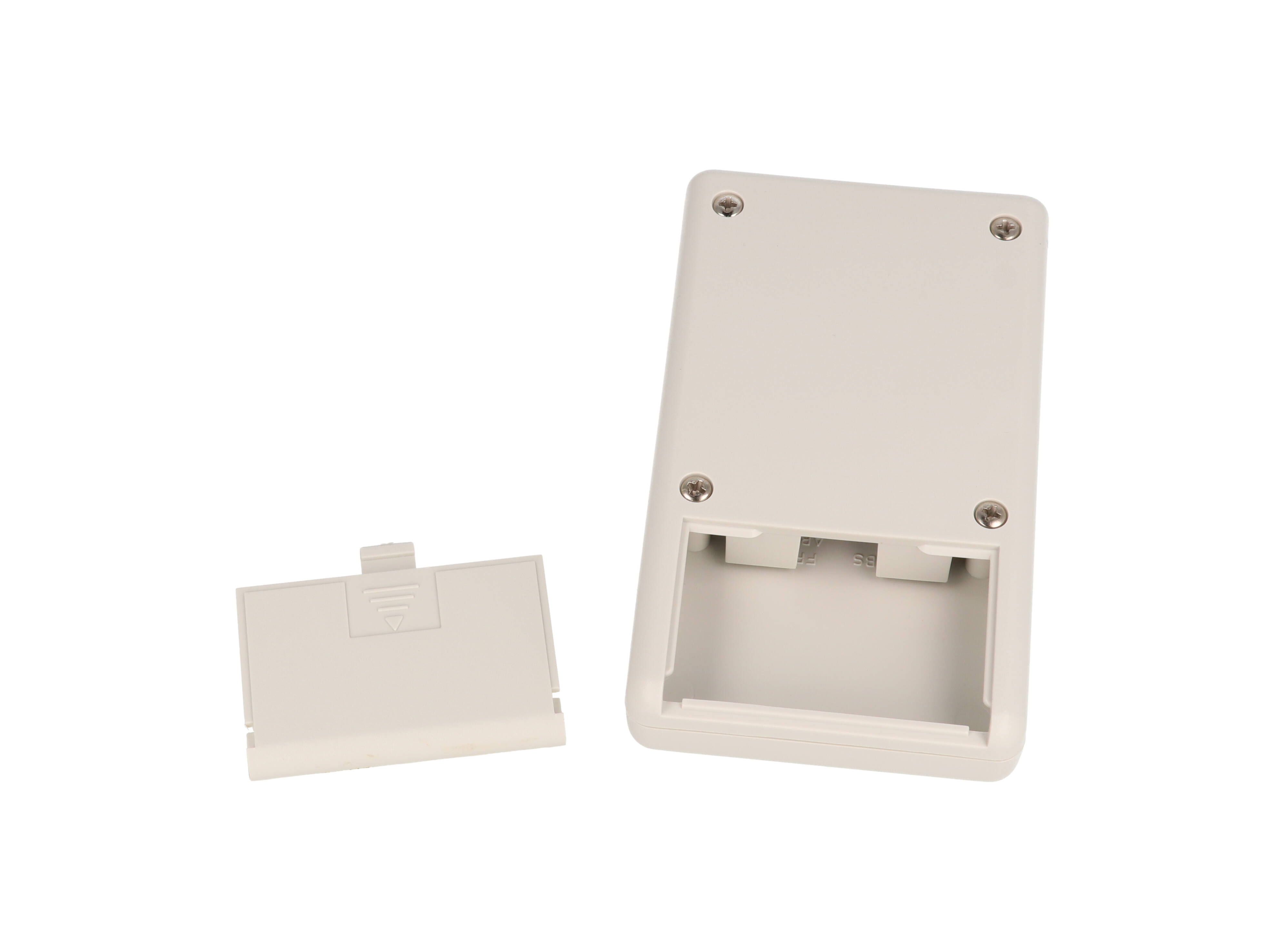 1593TALGY light gray ABS hand held instrument enclosure, 112 x 66.5 x 21 mm, with aluminum end panel and battery door