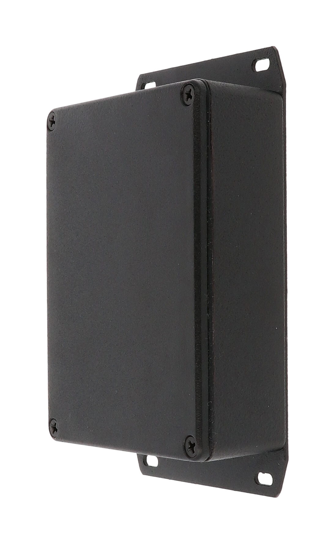 1590BBFBK black textured diecast aluminum enclosure with welded bottom mounting flange