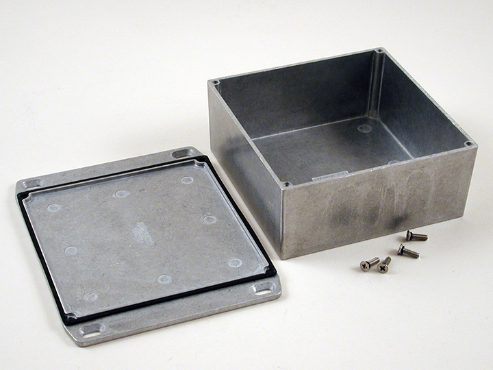 1590WKKFL watertight diecast aluminum enclosure with flanged lid, 125 x 125 x 57 mm