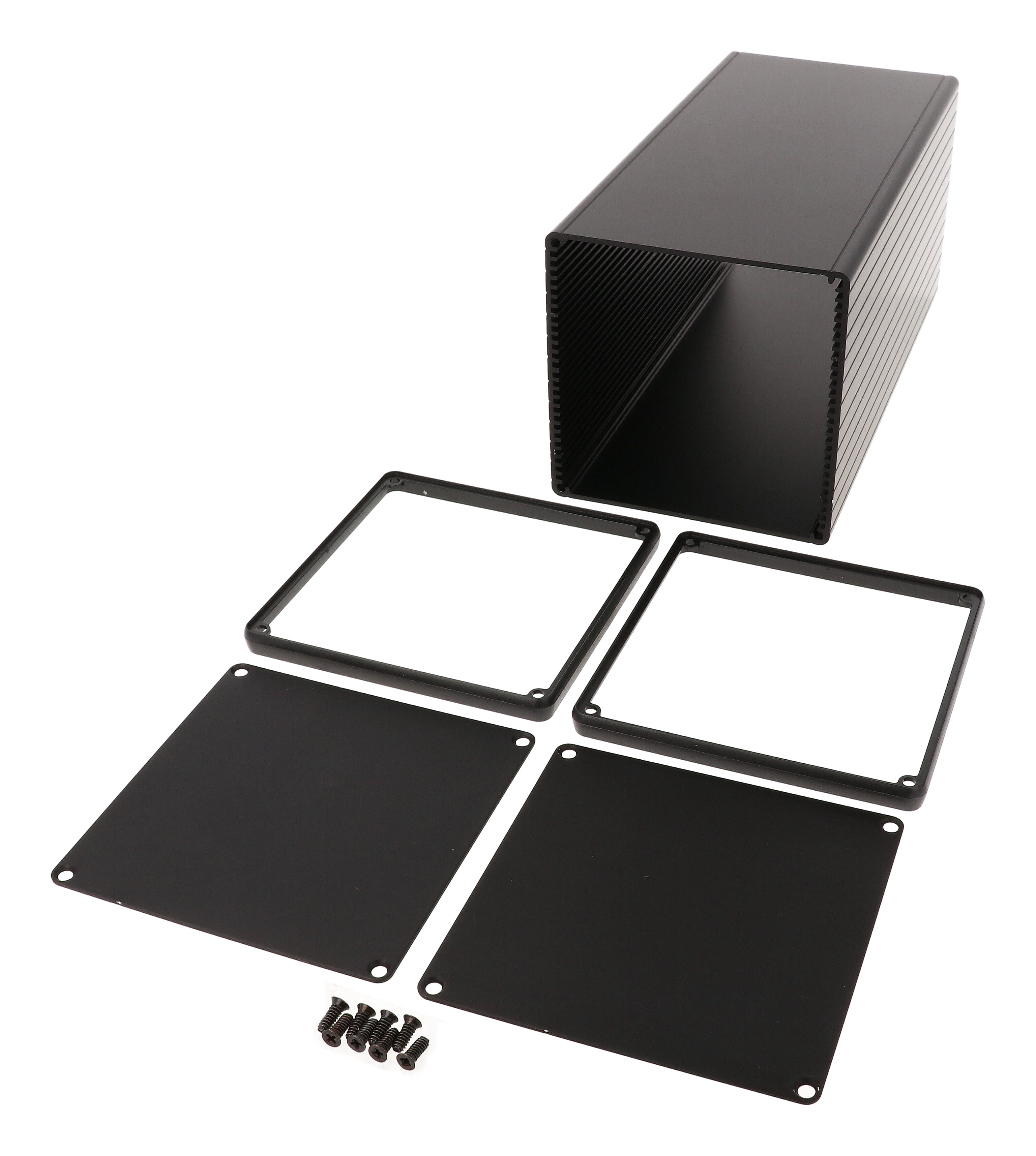 1455NS2201BK black anodized square extruded aluminum enclosure, 220 x 103 x 103 mm, with aluminum end panels and open bezels