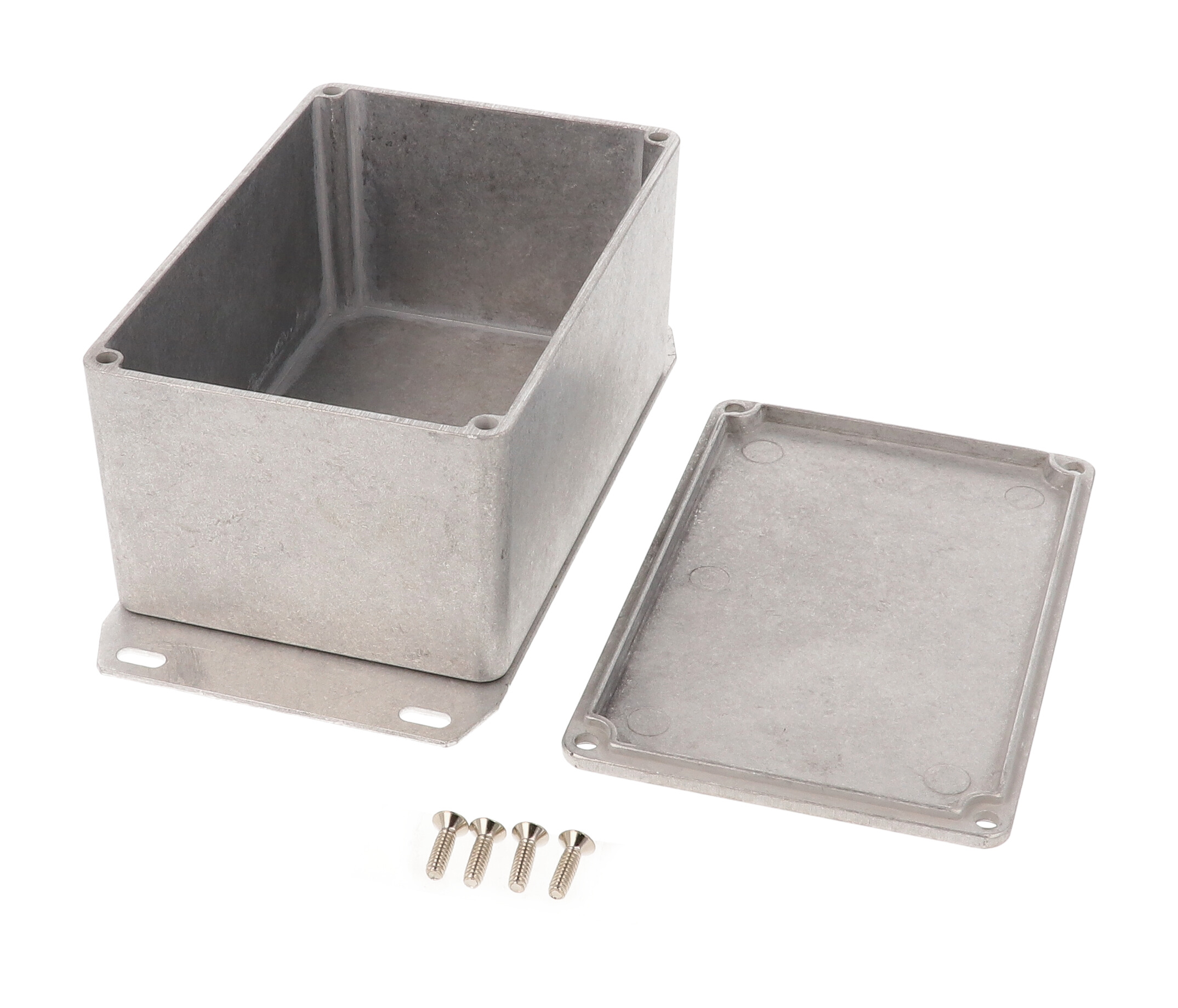 1590TF natural aluminum diecast aluminum enclosure with flanged bottom plate, 120 x 80 x 59 mm