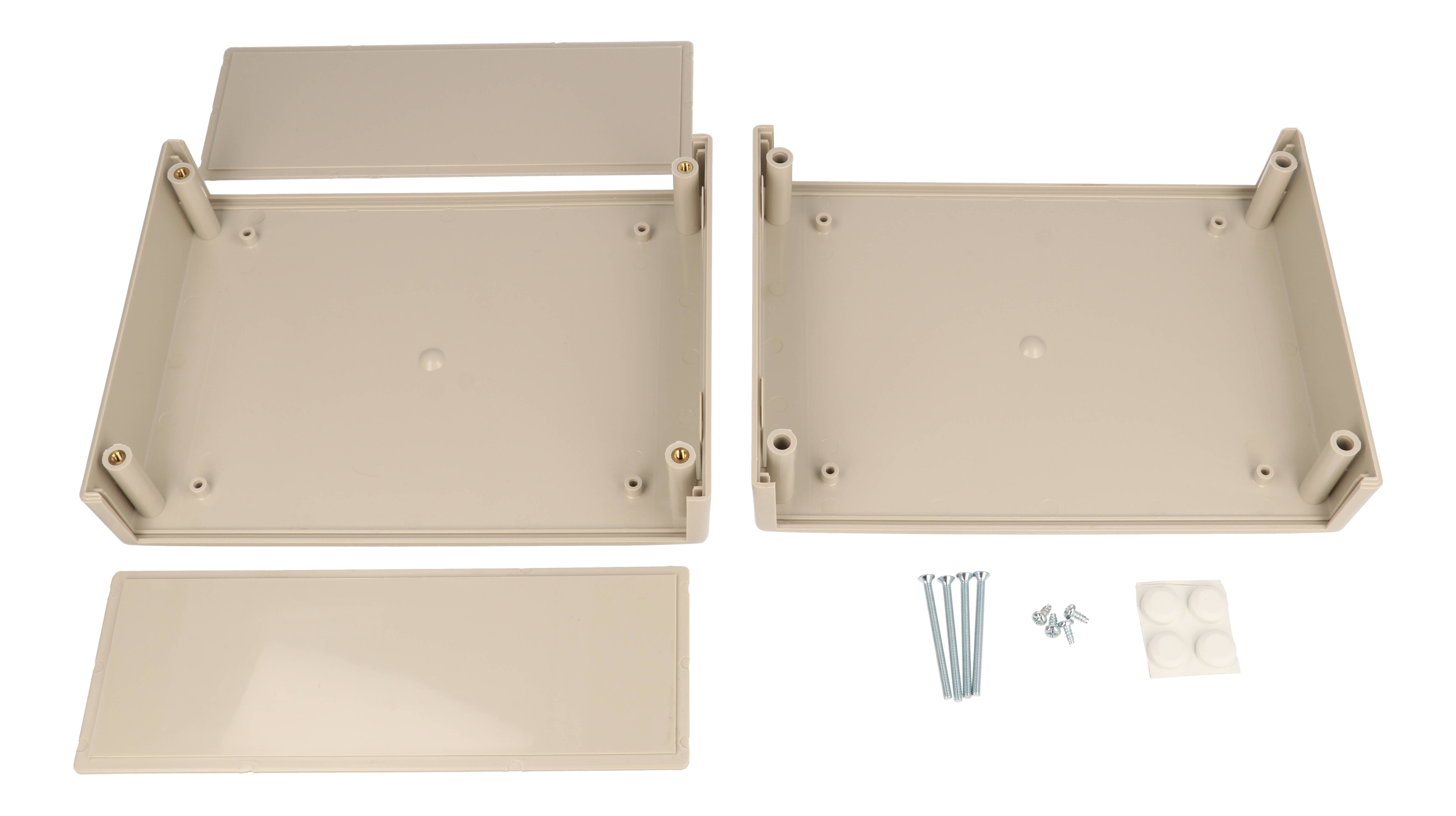 RM2055L light grey ABS instrument enclosure, 190 x 140 x 71 mm clam shell case with front and rear panels