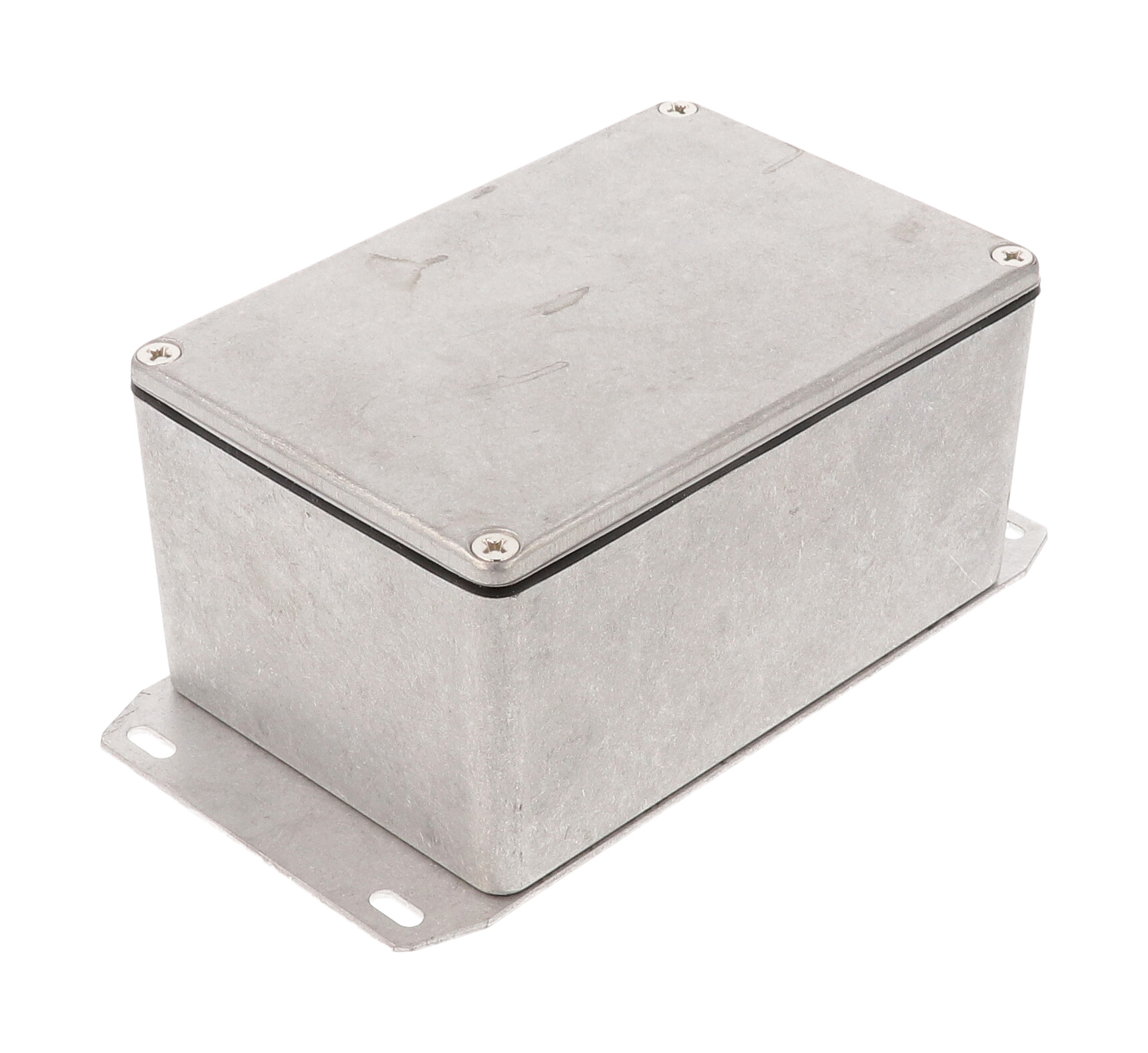1590WTF natural aluminum IP65 water-tight diecast aluminum enclosure with a welded flanged bottom plate, 120x80x59mm