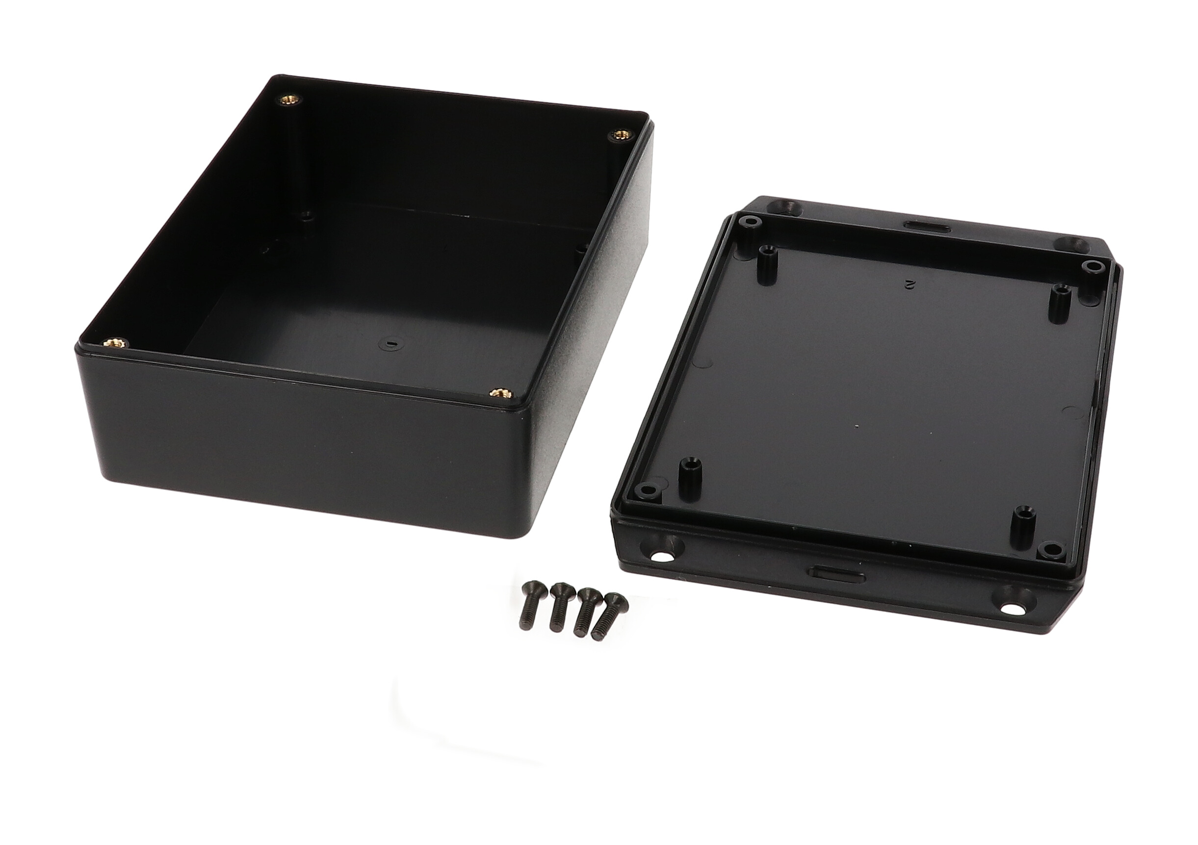 Hammond 1591XXGFLBK black ABS plastic enclosure with flanged lid, 1591XXG size, box and lid shown