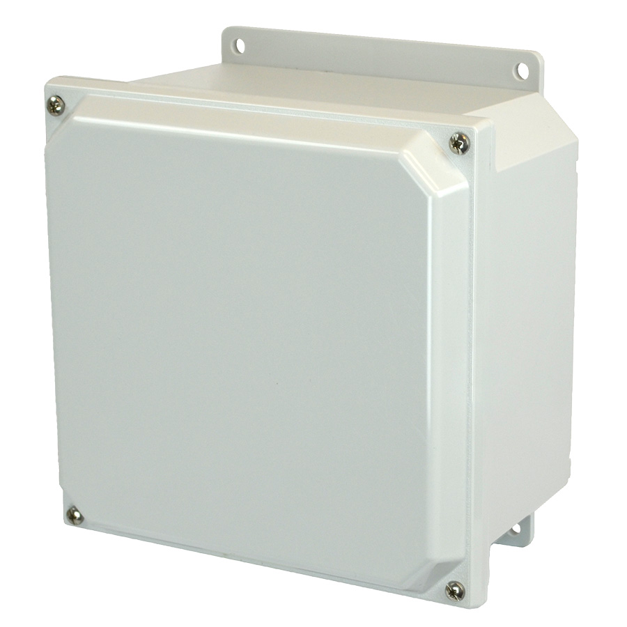 PCJ12104F 11.92 x 10.15 x 3.98 in Type 4X polycarbonate junction box with solid light gray lift-off cover and mounting flanges
