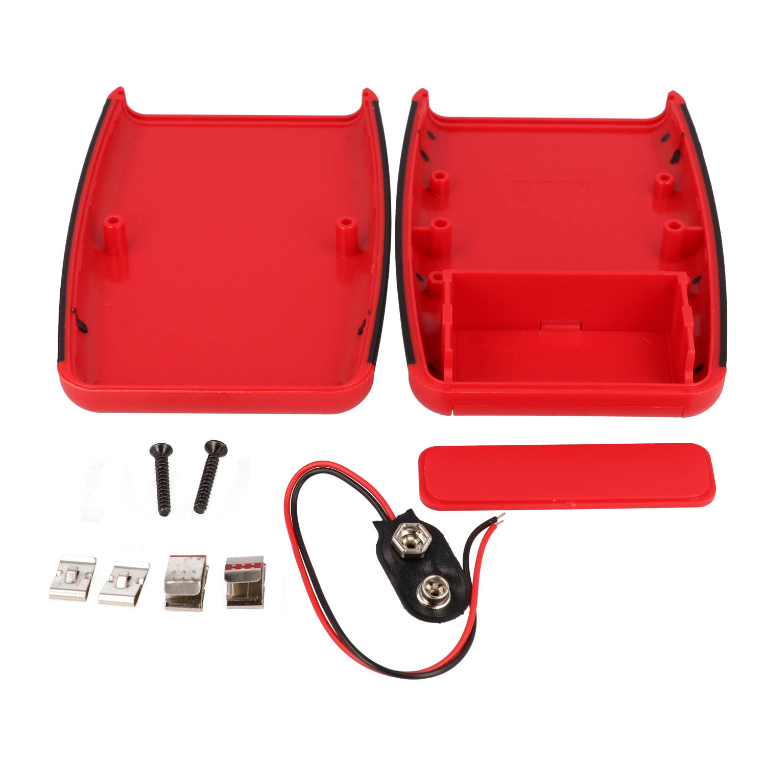 1553BRDBKBAT red ABS handheld enclosure with black overmold and battery door