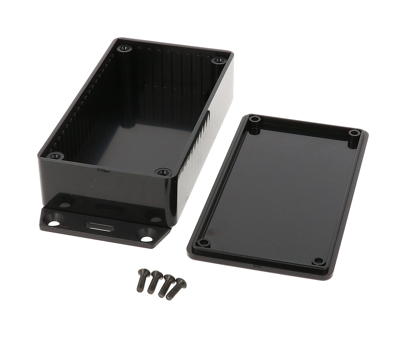 1591BF2BK black 112 x 62 x 31 mm ABS plastic bottom-flange enclosure with molded card guides