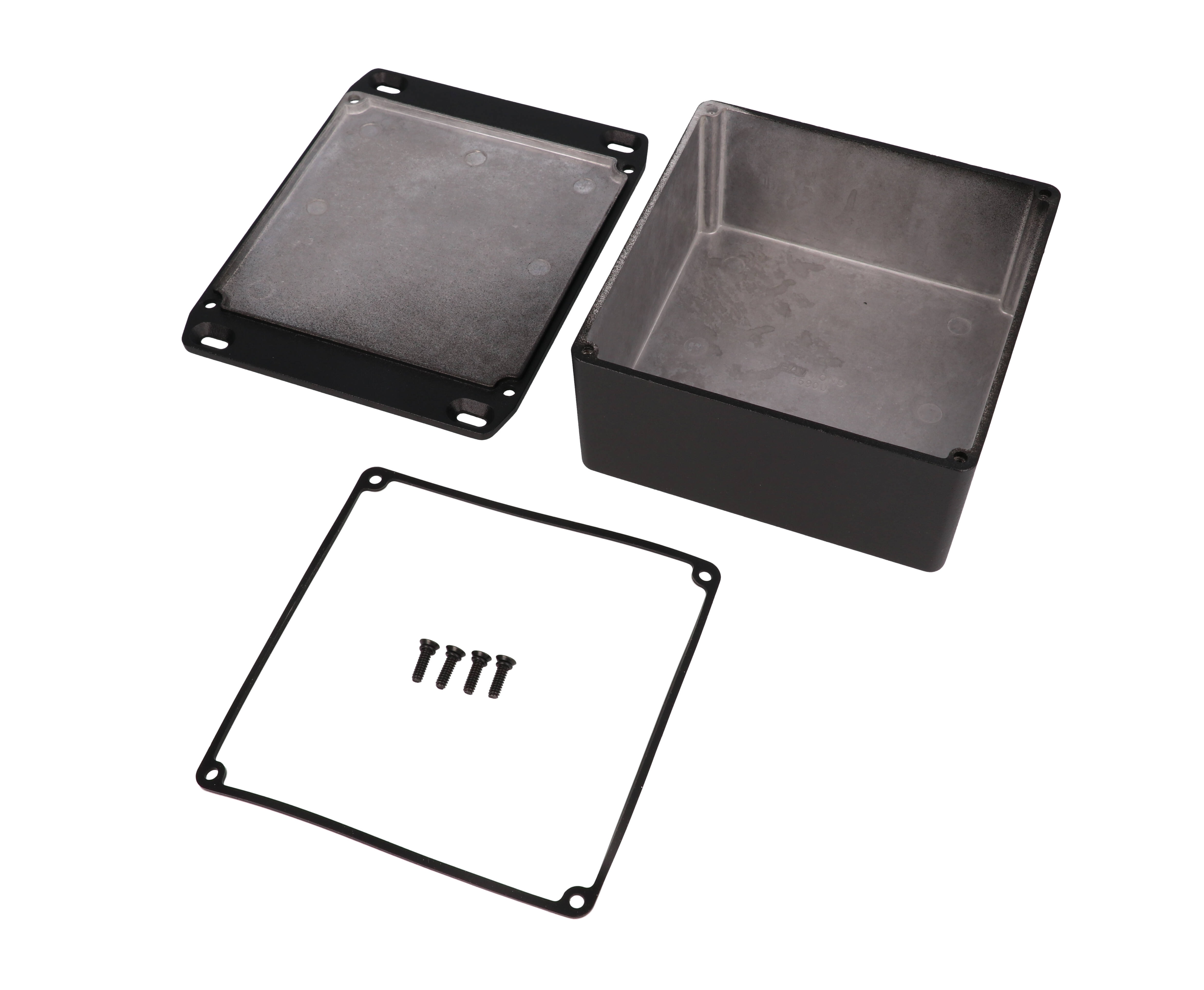 1590WUFLBK black textured watertight diecast aluminum enclosure with flanged mounting lid, 120 mm x 120 mm x 59 mm