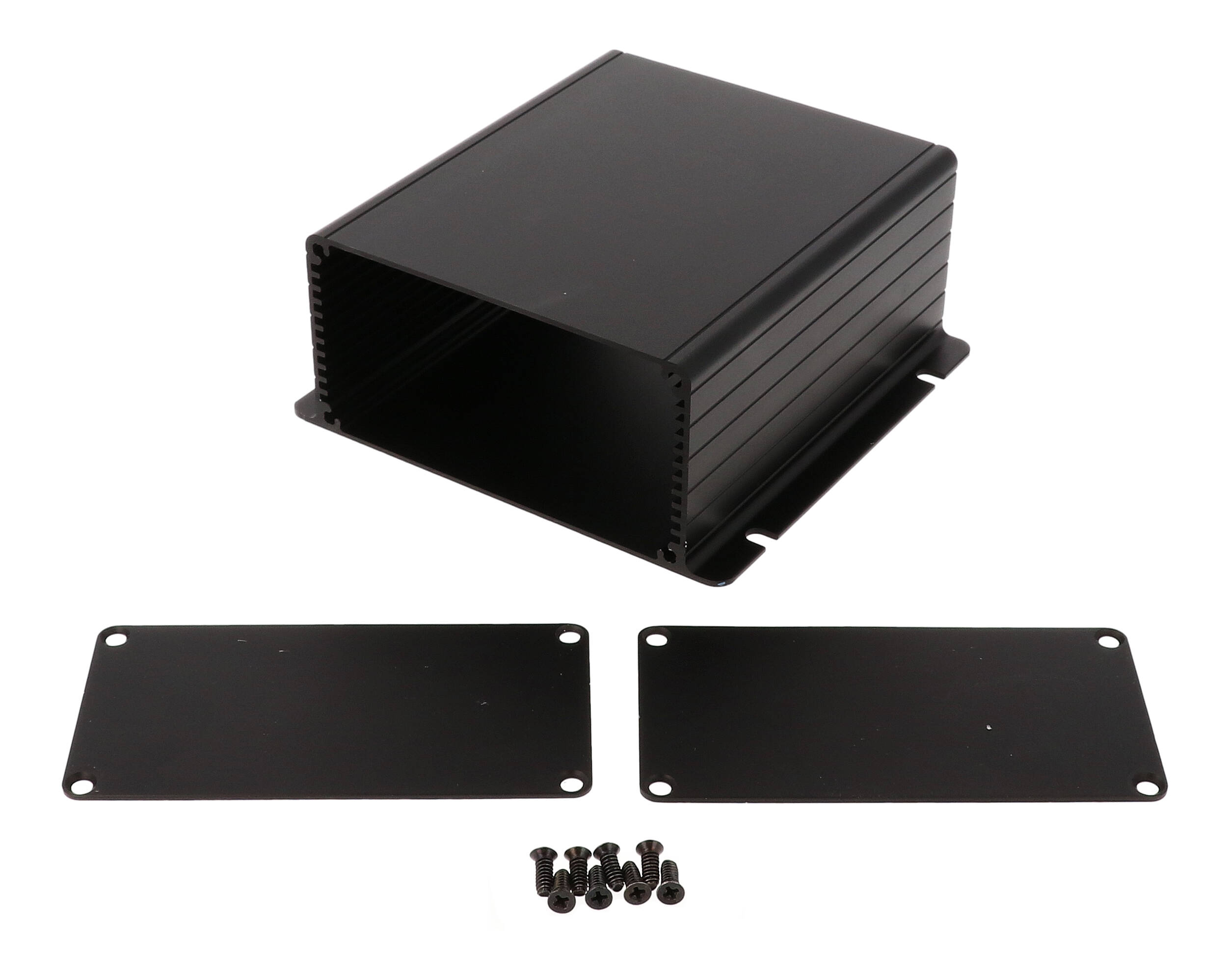 1455NF1201BK black anodized extruded aluminum enclosure with integrated slotted mounting flanges