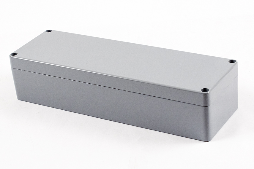 1590Z140GY smooth gray RAL 7001 diecast aluminum enclosure, 250 x 80 x 57 mm, with lid attached