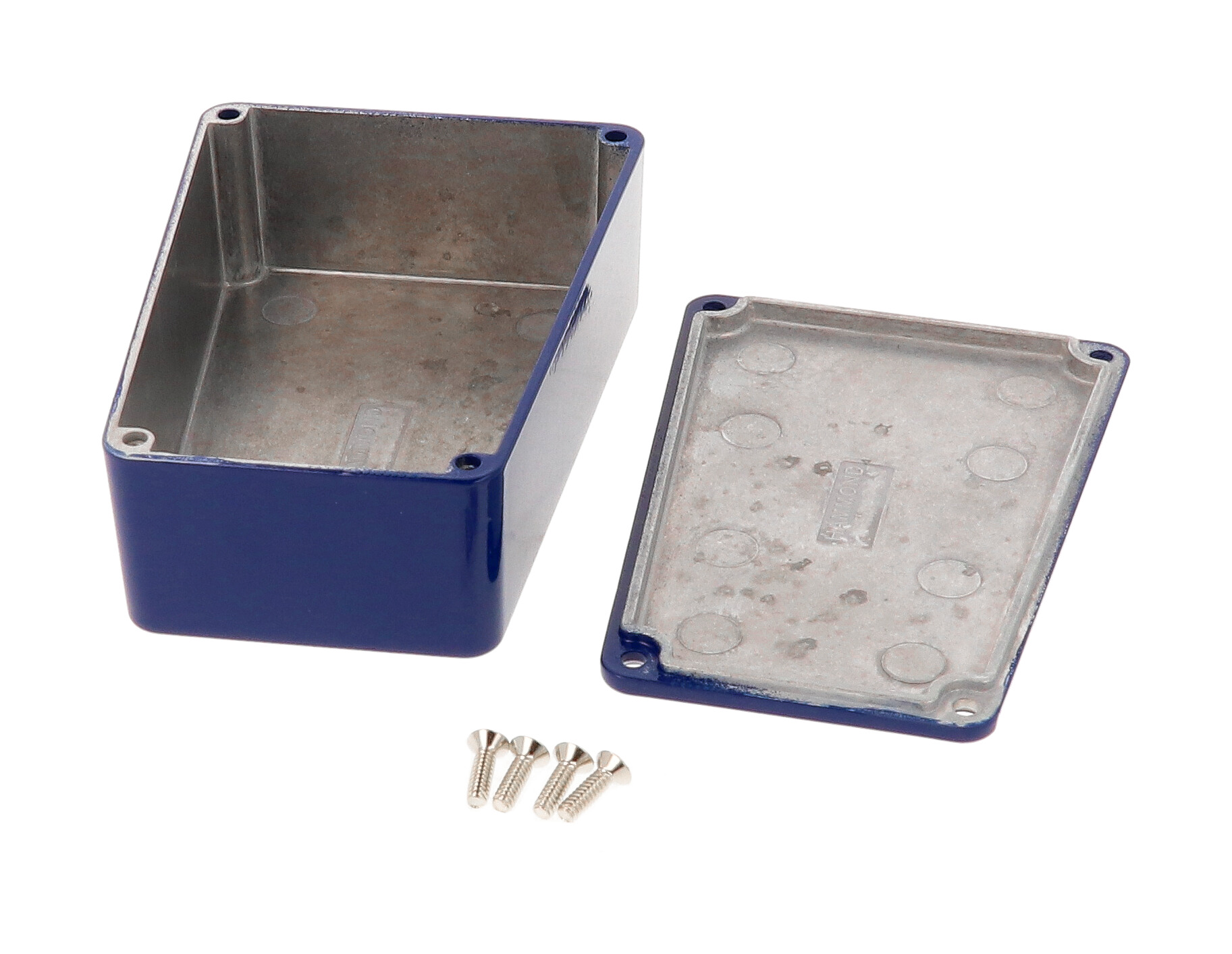 1590TRPBCB cobalt blue painted diecast aluminum narrow trapezoid stomp box enclosure with lid and cover screws