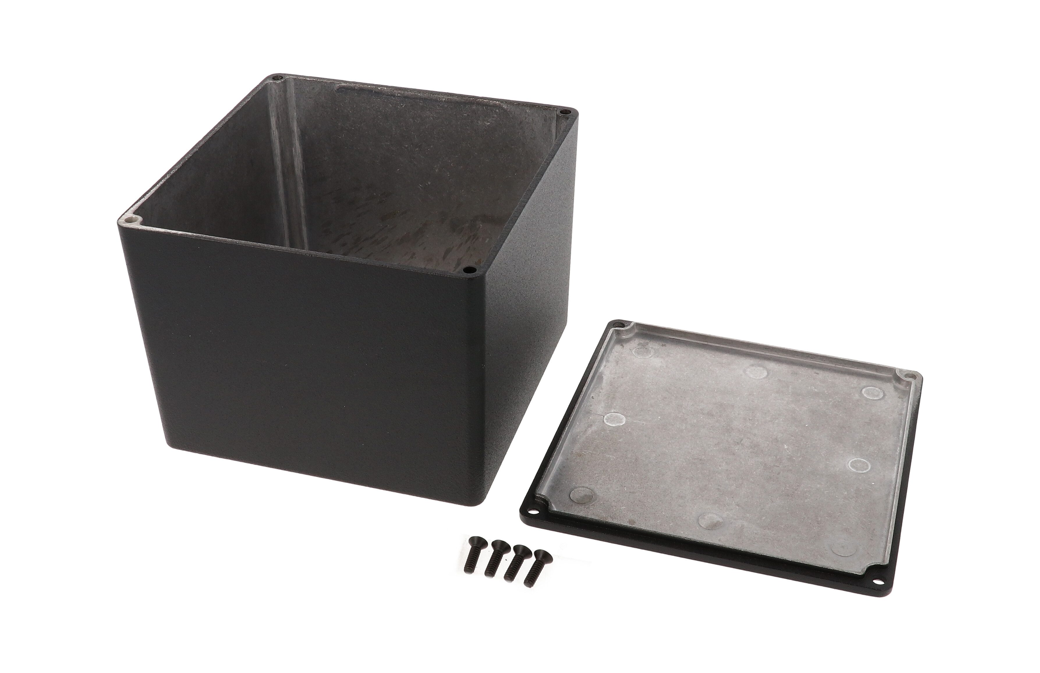 1590VBK textured black deep diecast aluminum enclosure, 119 x 120 x 94 mm, box and lid
