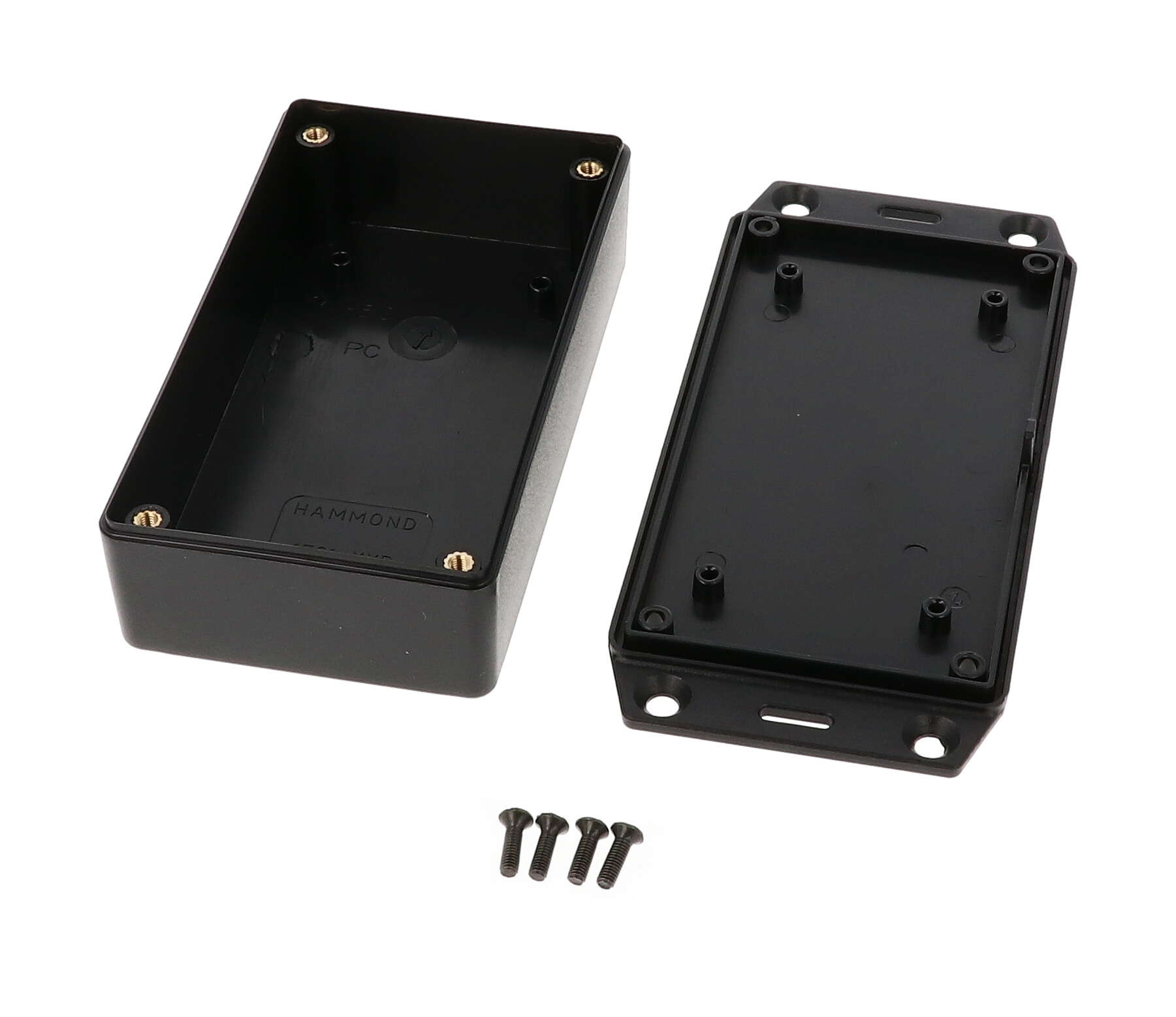 1591XXBFLBK black flame retardant ABS enclosure with flanged mounting lid, 114 x 63 x 31 mm