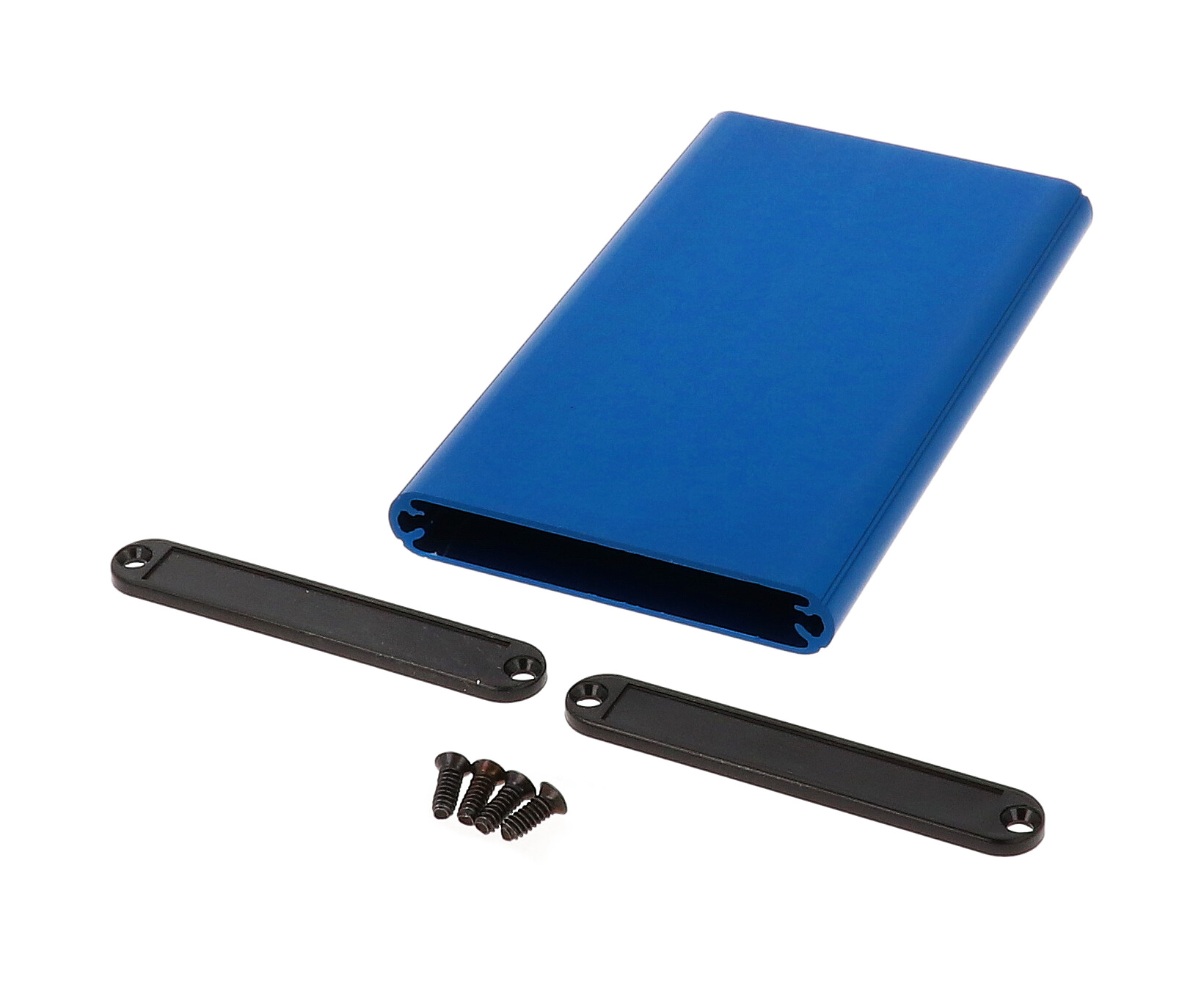 1455A1202BU blue anodized extruded aluminum PC board enclosure, 120 x 70 x 12 mm, with plastic end panels