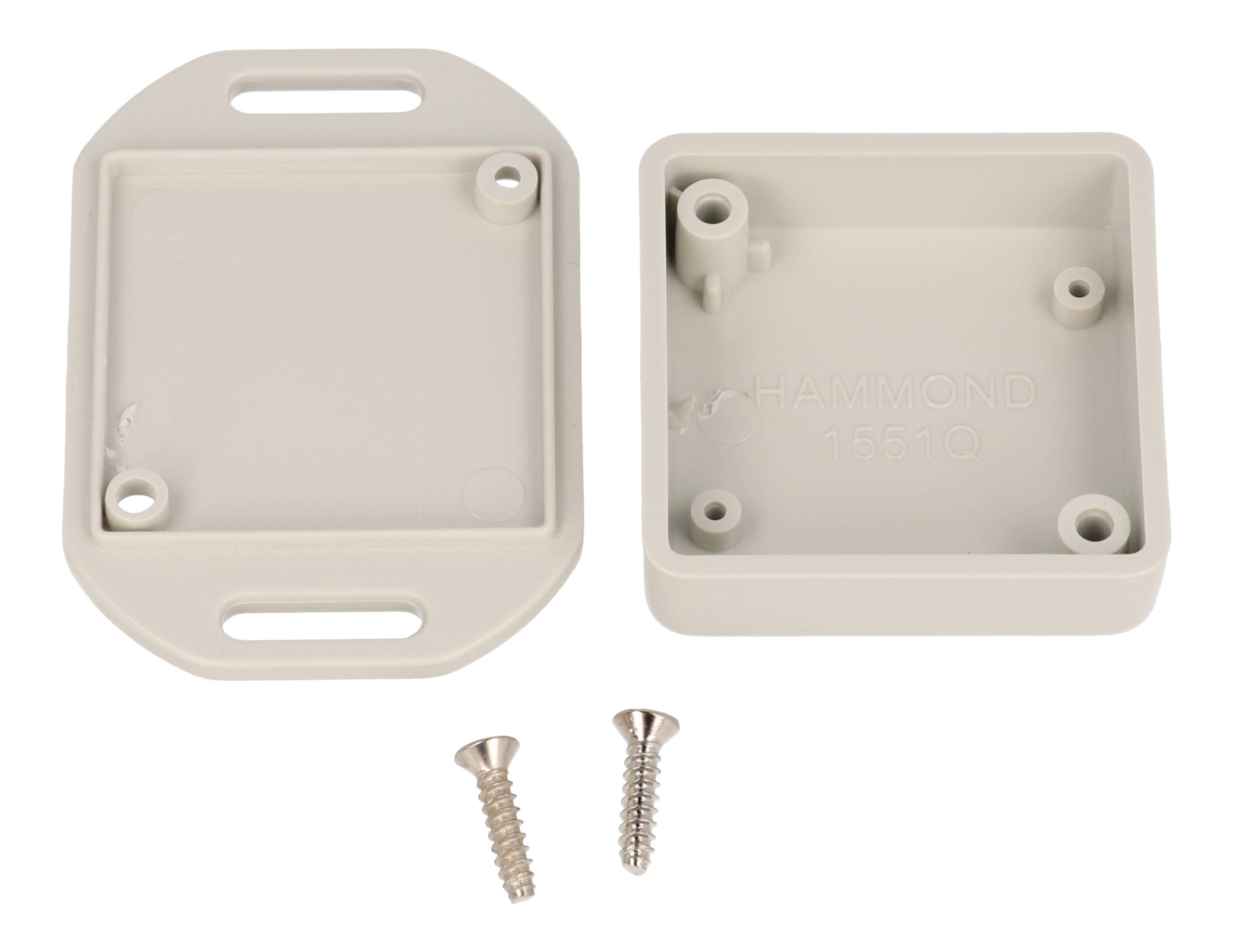 1551QFLGY light gray ABS miniature enclosure with integrated flanged lid, 40 x 40 x 15 mm