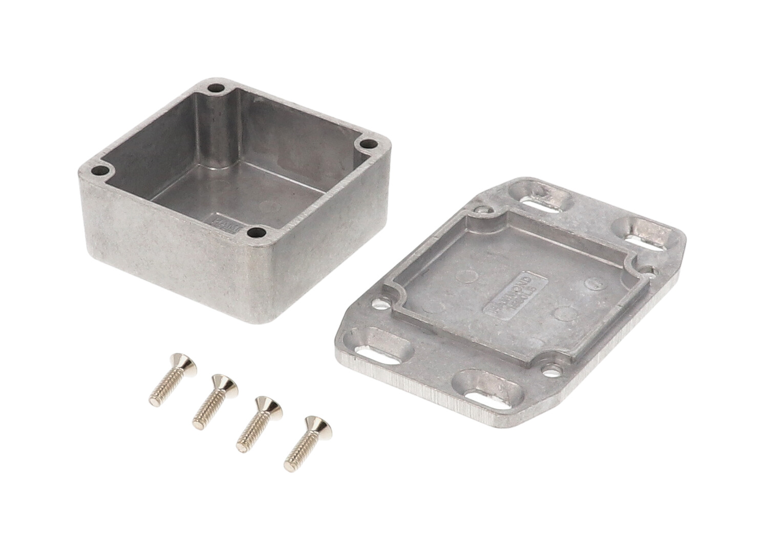 1590LLBFL natural diecast aluminum 51 x 51 x 25 mm enclosure with wall-mounting flange integrated into the lid