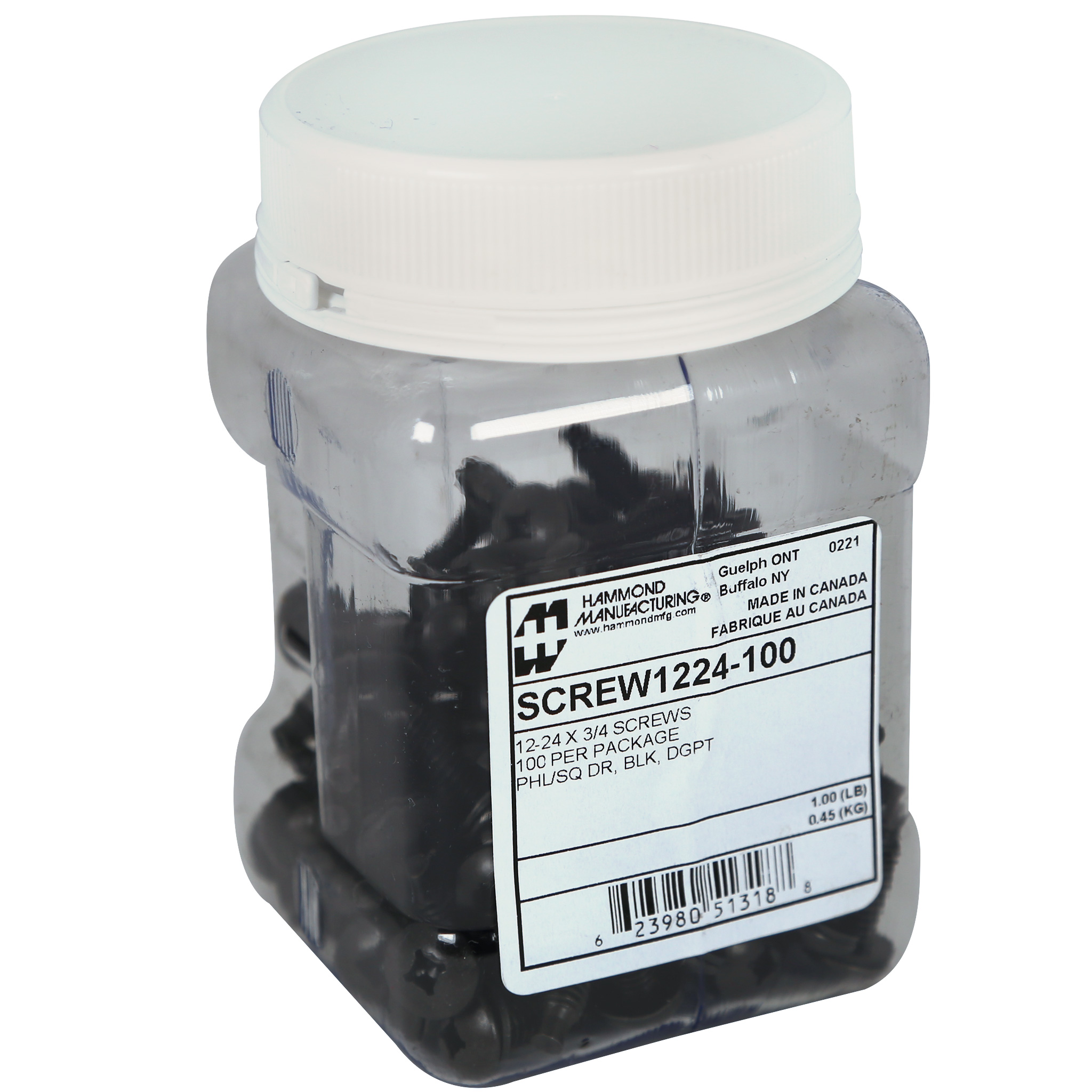 Hammond SCREW1224-50 jar of 50 black 12-24 Quadrex truss head rack mounting screws with installed nylon washers
