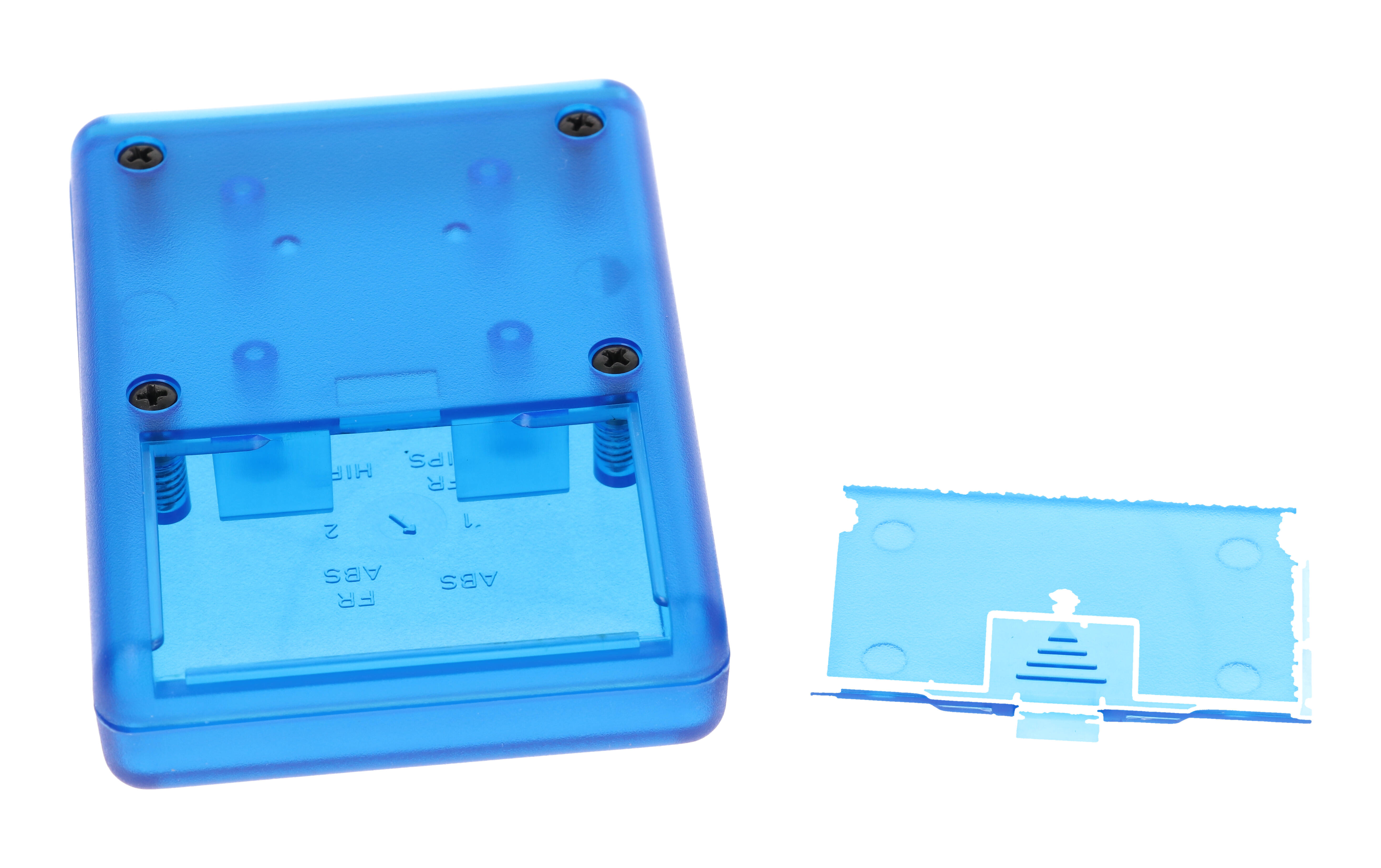 1593SALTBU translucent blue ABS hand held instrument enclosure, 92 x 66.5 x 21 mm, with aluminum end panel and battery door