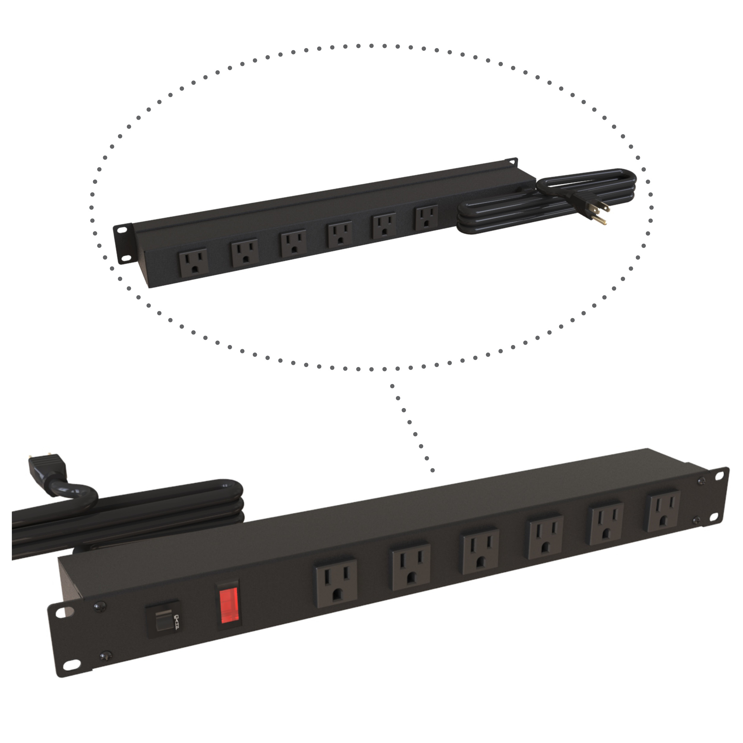 Hammond 1583H12A1BKXRA 1U 19-inch black rack mount PDU with 12 rotated 5-15R outlets, lighted on/off switch and 6 ft NEMA 5-15P cord