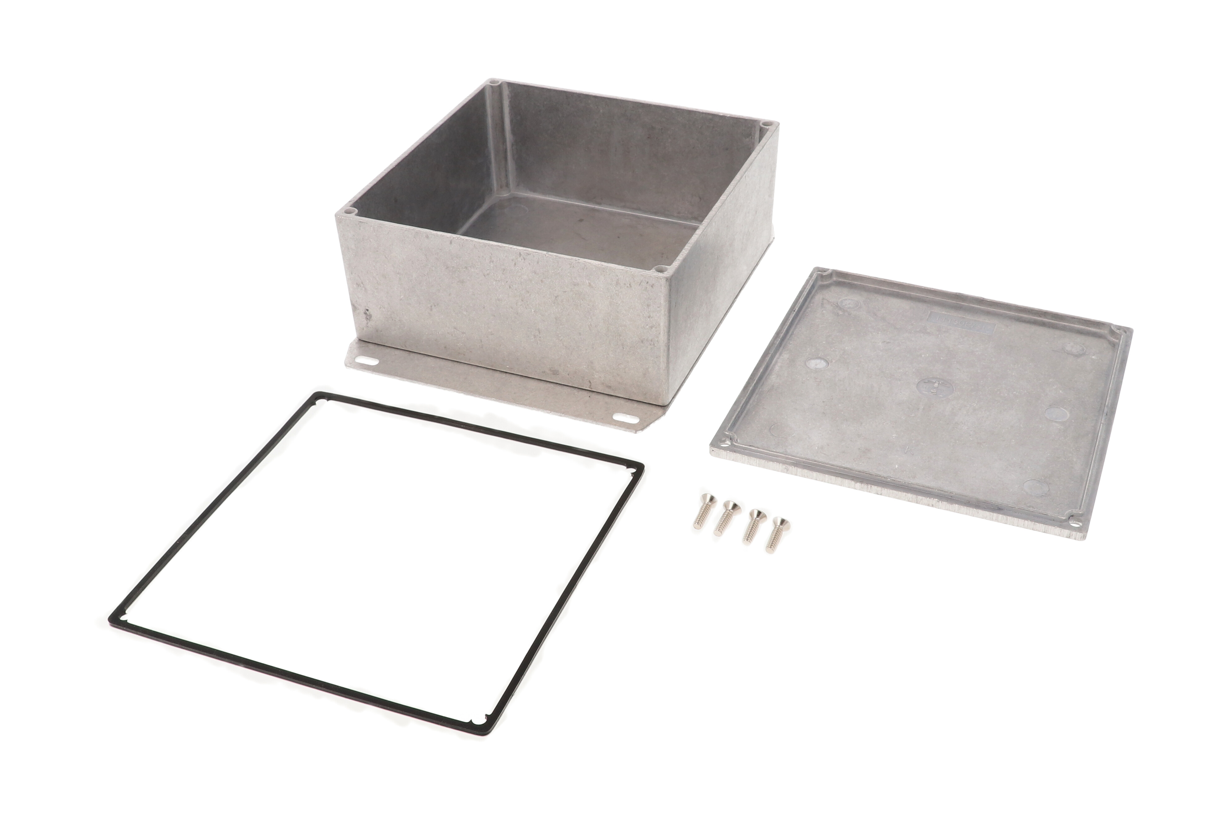 1590WKKF natural aluminum IP65 watertight diecast enclosure, 125 x 125 x 57 mm, with flanged bottom plate