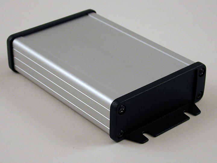 1457J1202 IP65 watertight extruded aluminum enclosure with clear anodized body and black flanged diecast end panels