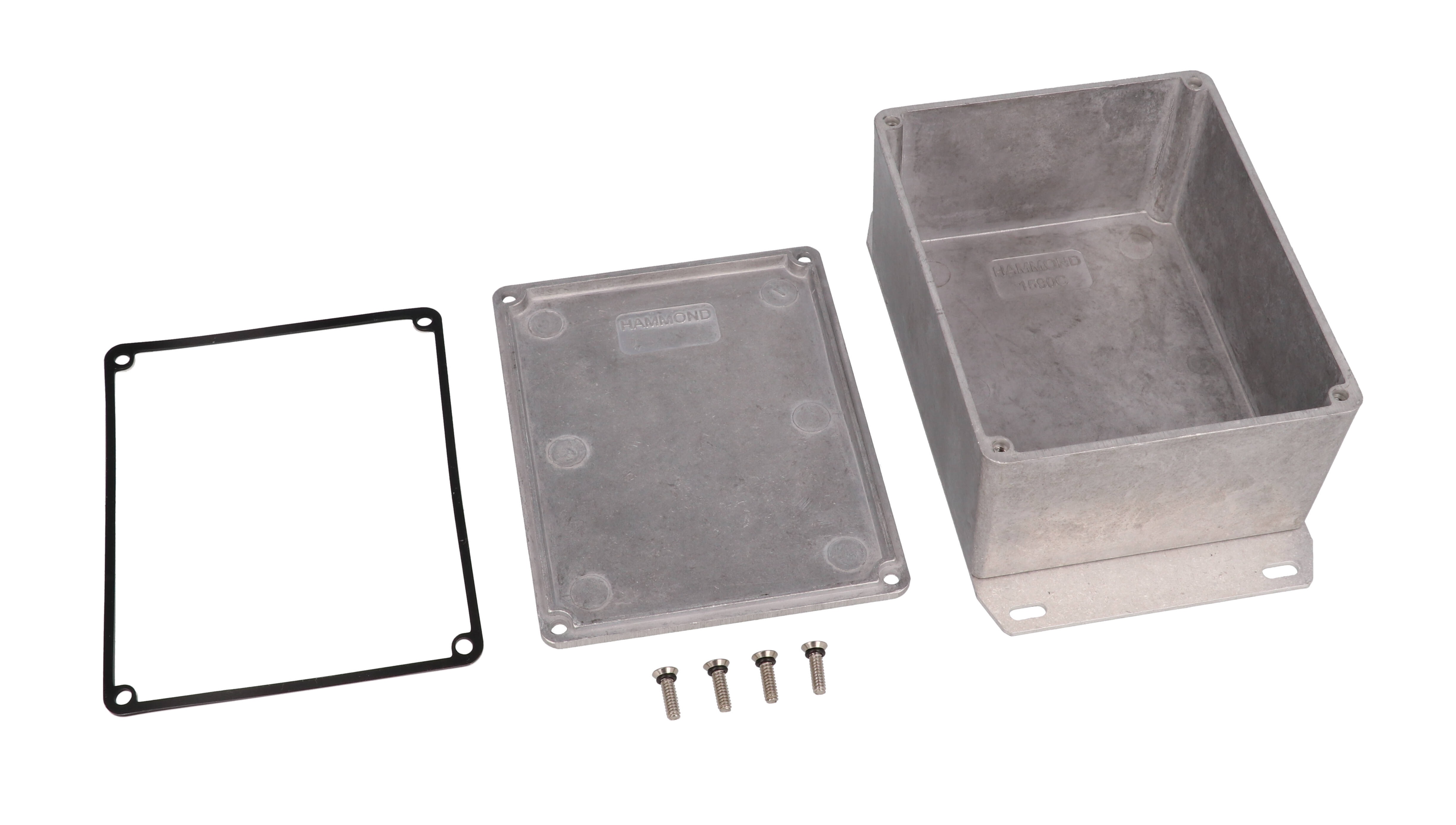 1590WCF natural aluminum watertight diecast aluminum enclosure, 119 mm x 94 mm x 56 mm, with flanged bottom plate