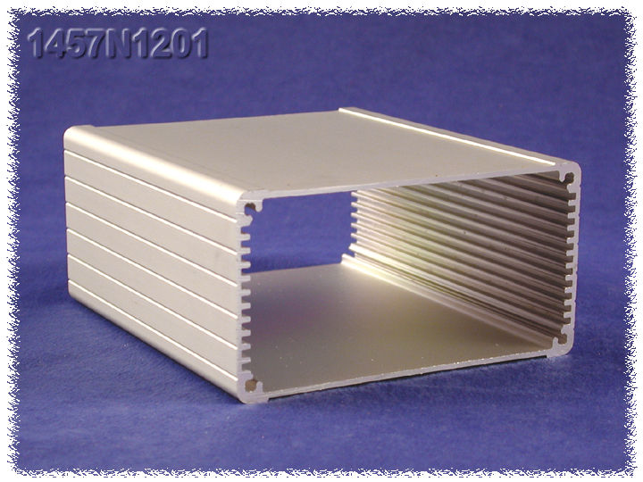 1457N1202 clear anodized extruded aluminum IP65 enclosure with flanged black diecast wall-mounting end panels