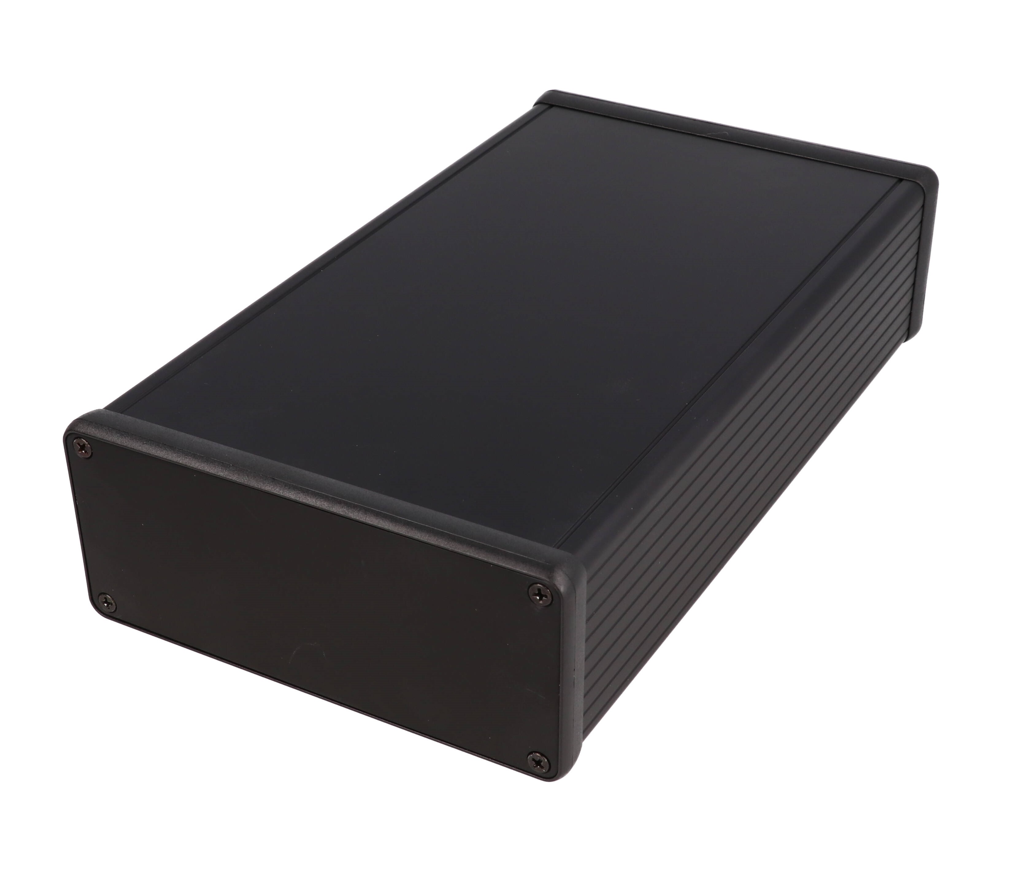 1455Q2201BK — black extruded aluminum enclosure w/ metal end panels