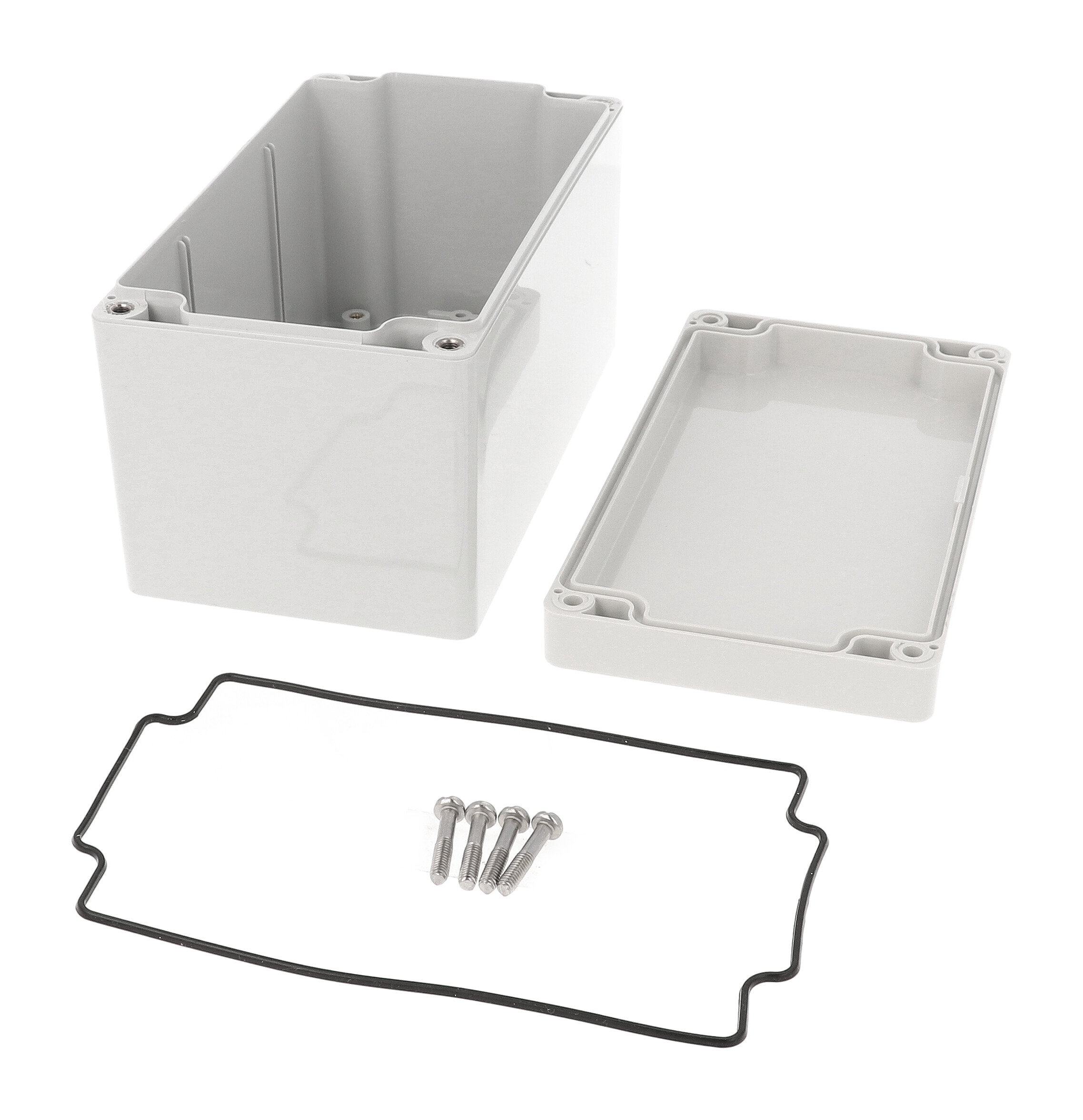 1554K2GY light gray polycarbonate NEMA 4X enclosure, 160 x 89 x 89 mm, with solid gray lid