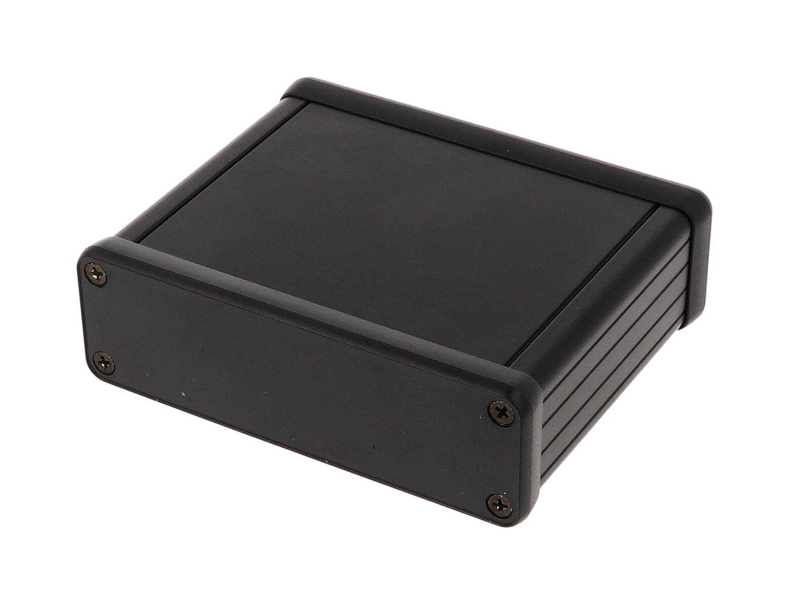 1455L802BK black anodized extruded aluminum PC board enclosure, 80 x 103 x 30.5 mm, with black plastic end panels