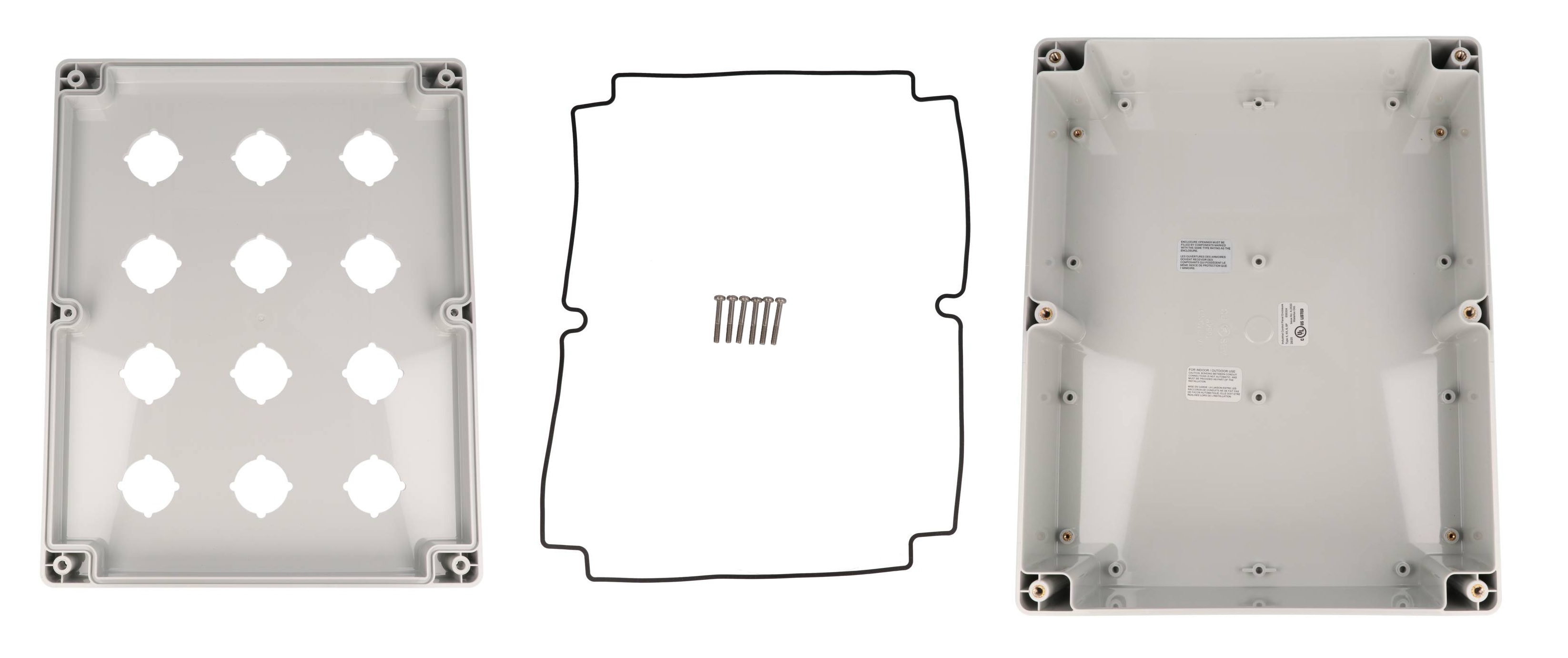 1554PB12 light gray polycarbonate enclosure with twelve 30.5mm pushbutton holes