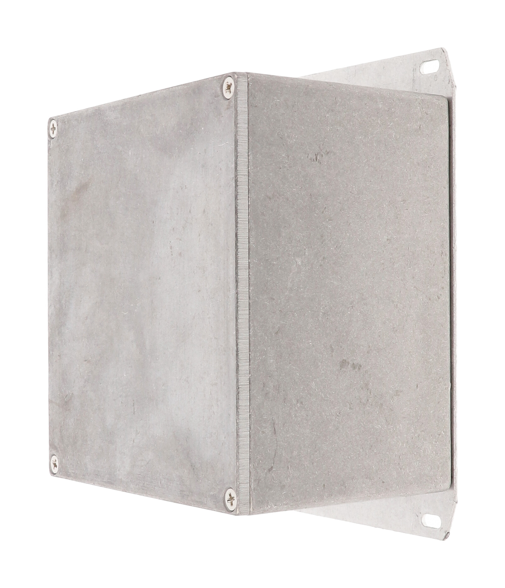 1590KF natural diecast aluminum enclosure with welded flanged bottom plate, 125 x 125 x 79 mm