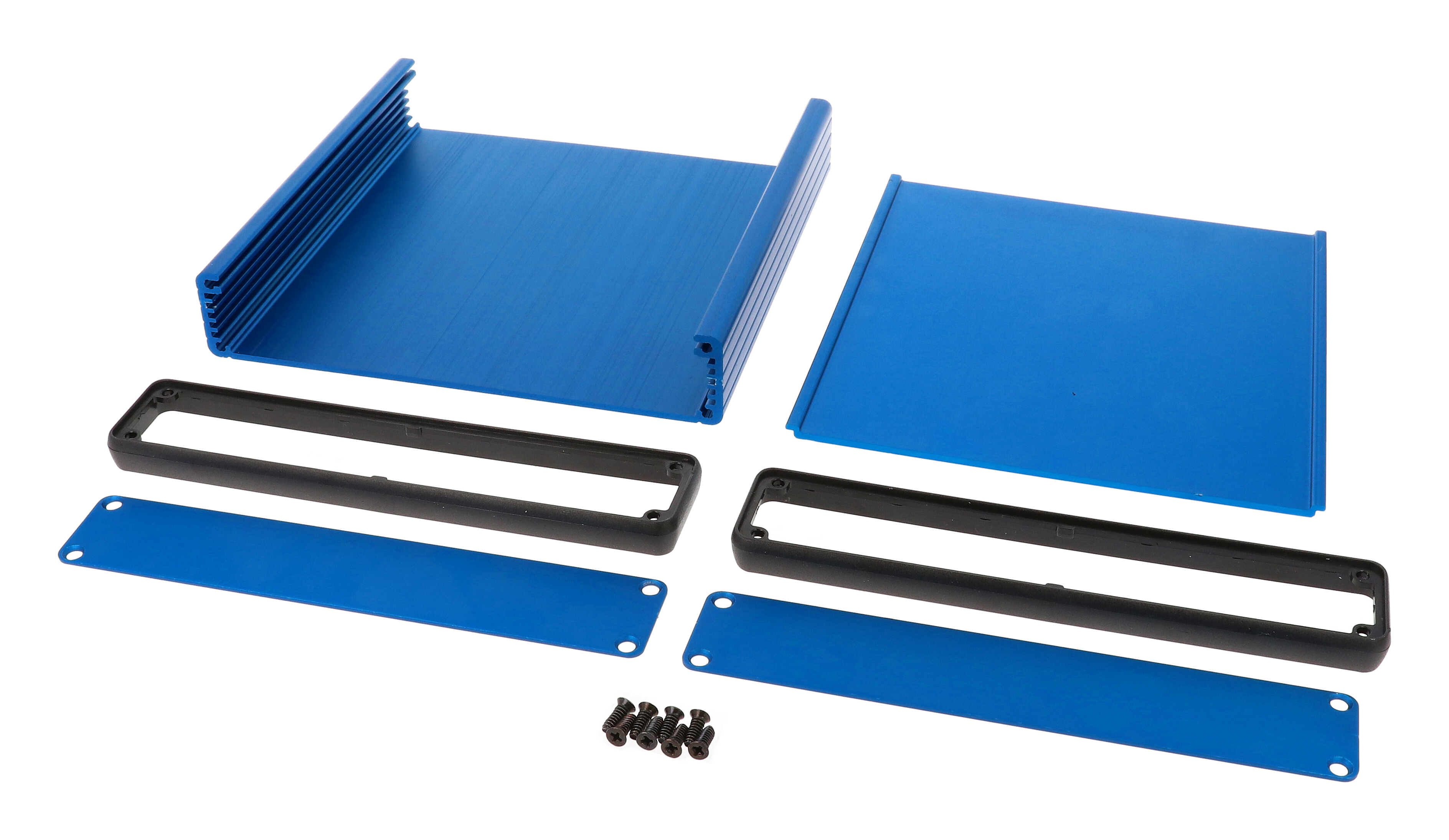 1455R1601BU blue anodized extruded aluminum PC board enclosure, 160 x 165 x 30.5 mm, with aluminum end panels and open bezels