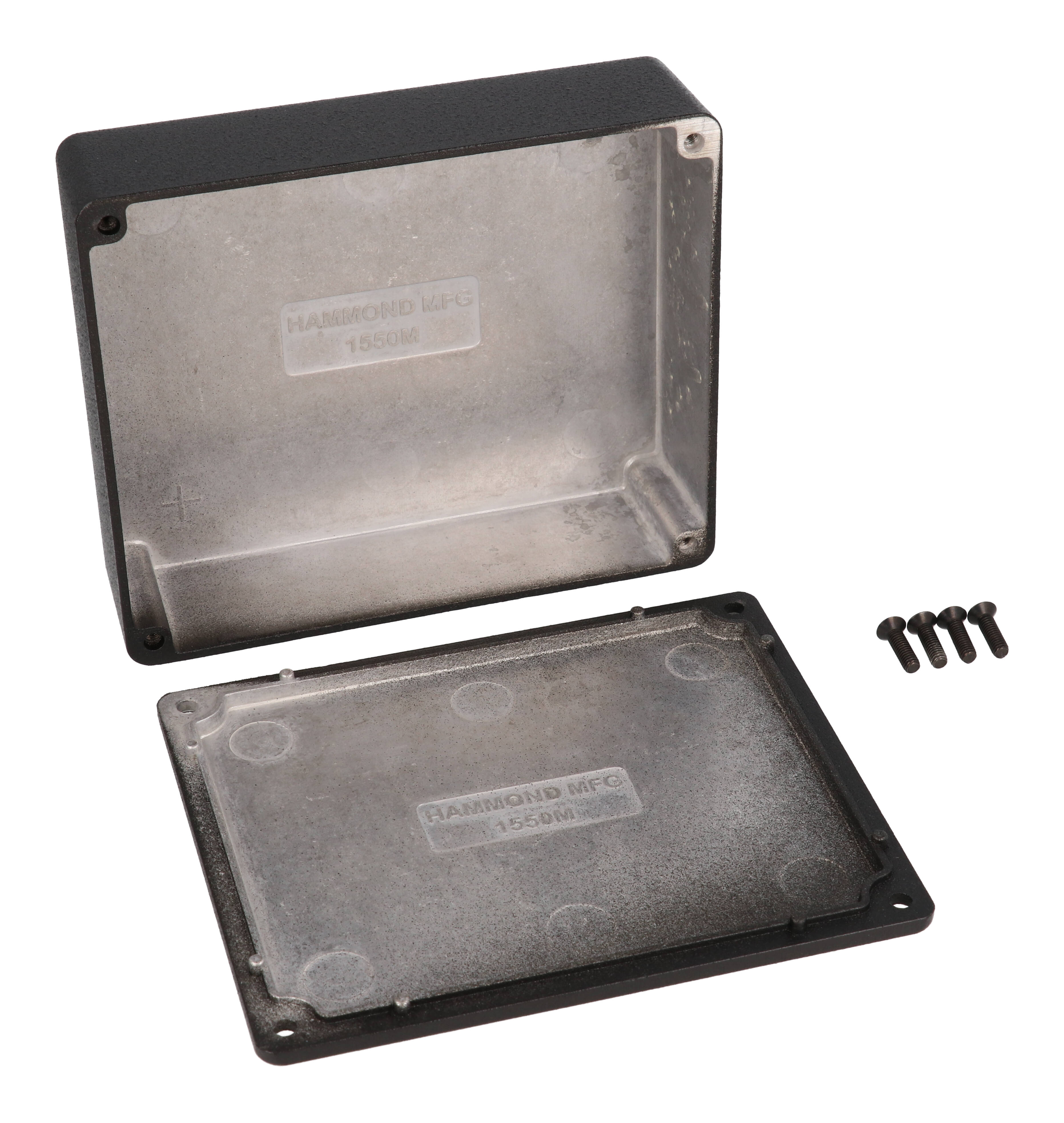 1550MBK black powder coated diecast aluminum enclosure, 120 mm x 100 mm x 31 mm, with screw-down lid