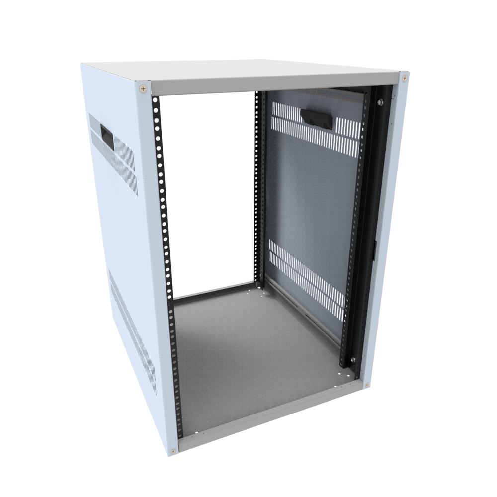Hammond RCHV1902824LG1 16U vented-side knock-down rack cabinet in RAL7035 light gray, 30 x 21 x 24.5 in with 19-inch round-hole mounting rails